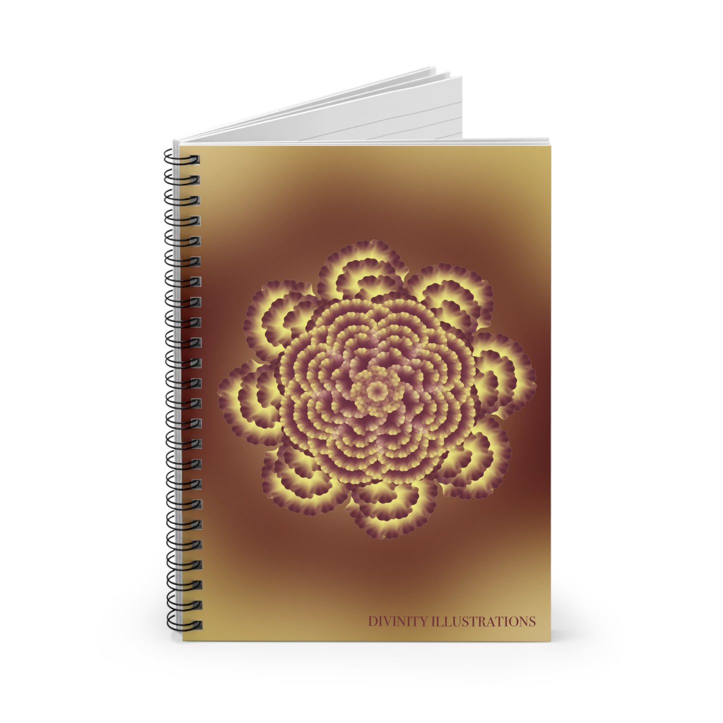 Notebook with a mandala design on a gradient cover, featuring the brand 'Divinity Illustrations'.