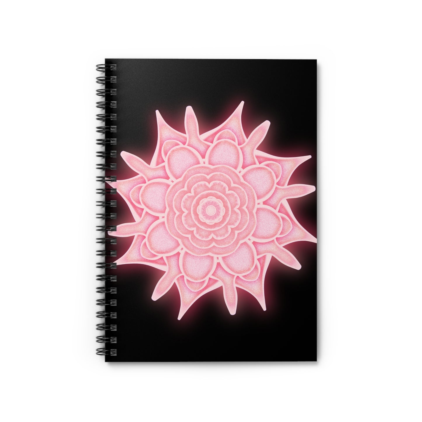 Shadow Bloom pink mandala notebook on black background – symbol of resilience and mindful writing.