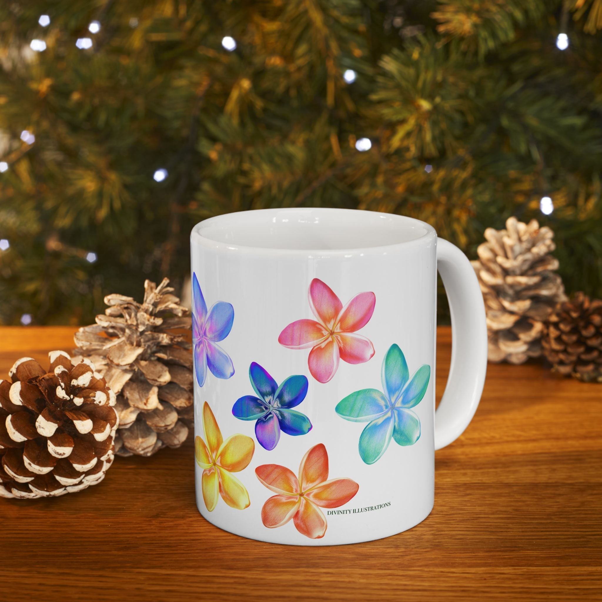 Plumeria Design On a Ceramic Mug Featuring A Christmas Set up