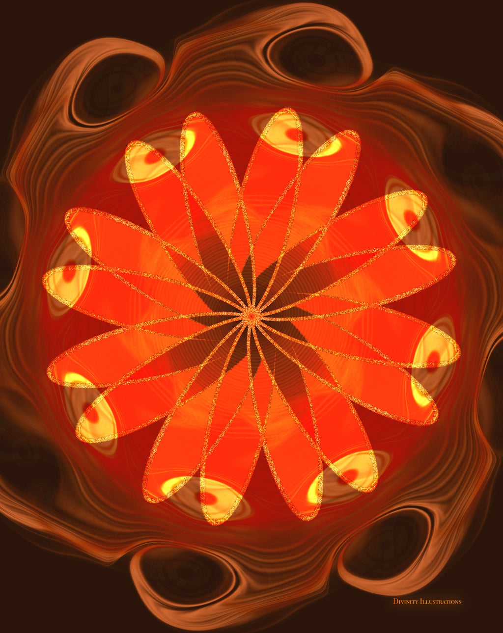 Abstract orange and red design with swirling patterns on a dark background