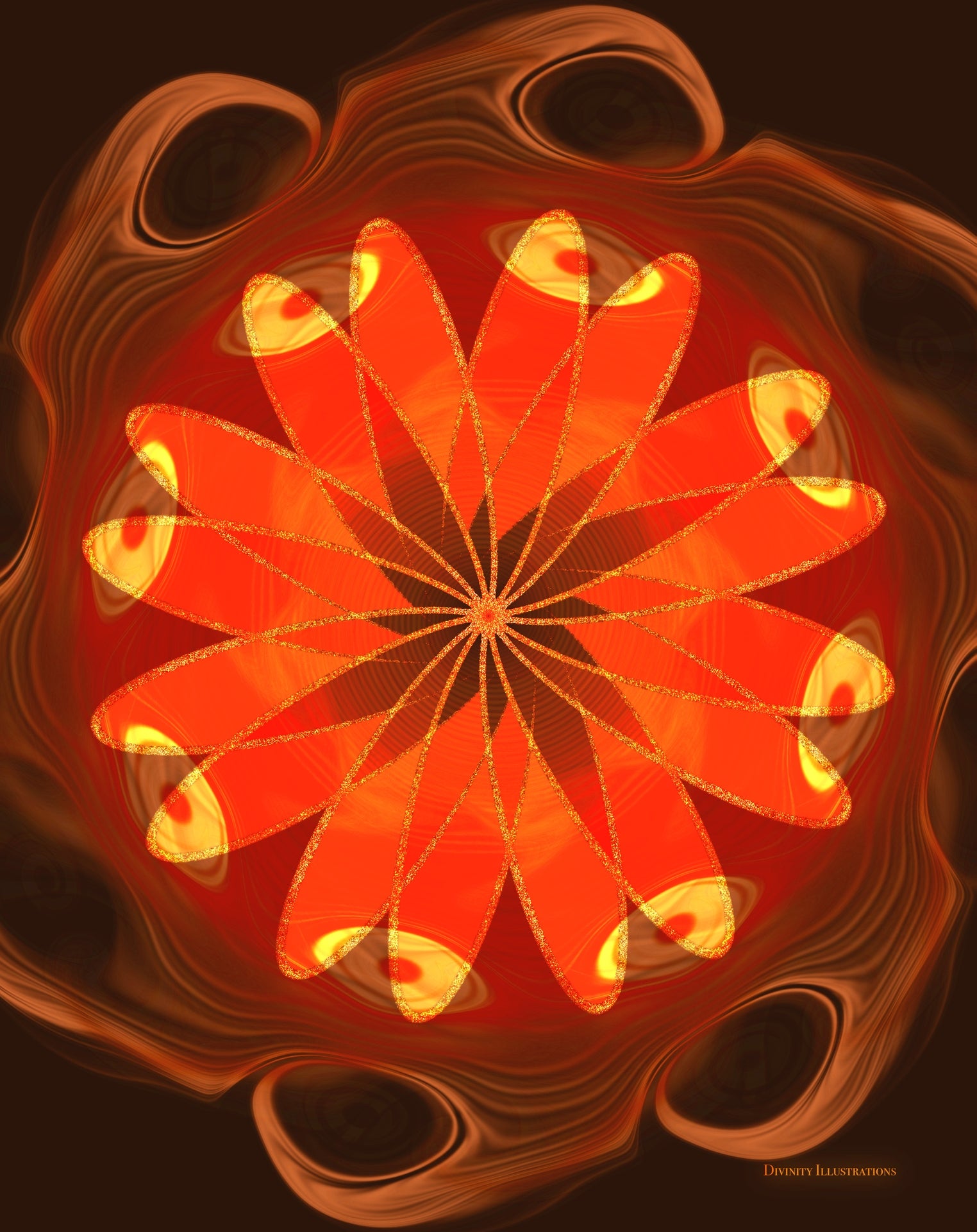 Abstract orange and red design with swirling patterns on a dark background