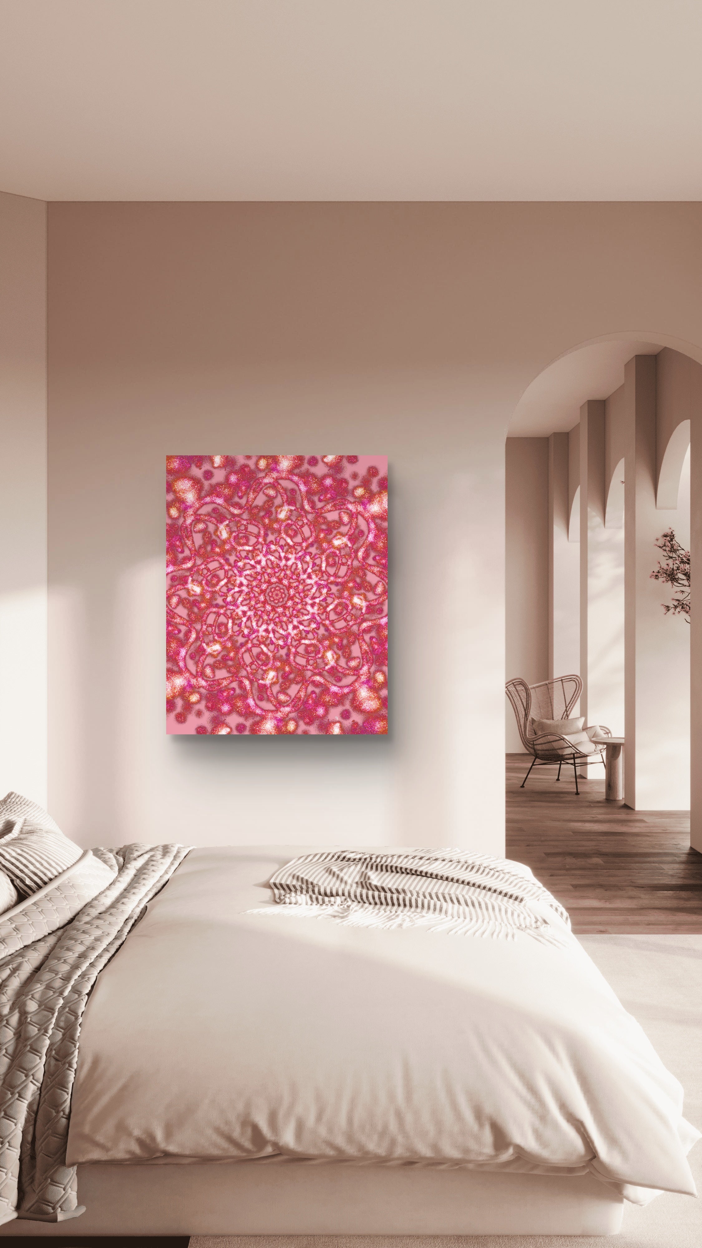 Pink abstract painting on a wall above a bed in a bedroom.