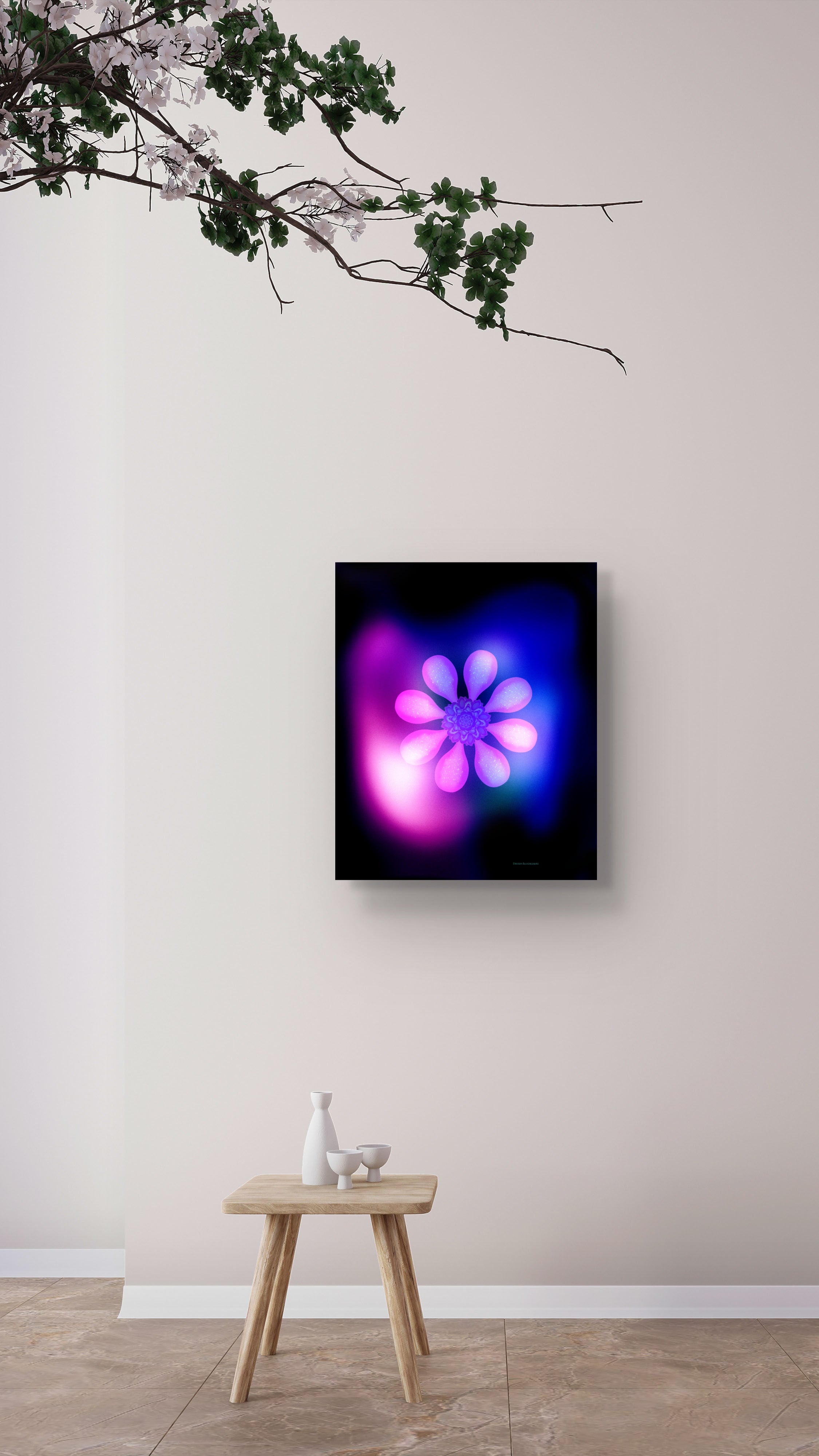 Framed abstract artwork with pink and blue light design on a wall above a wooden stool.