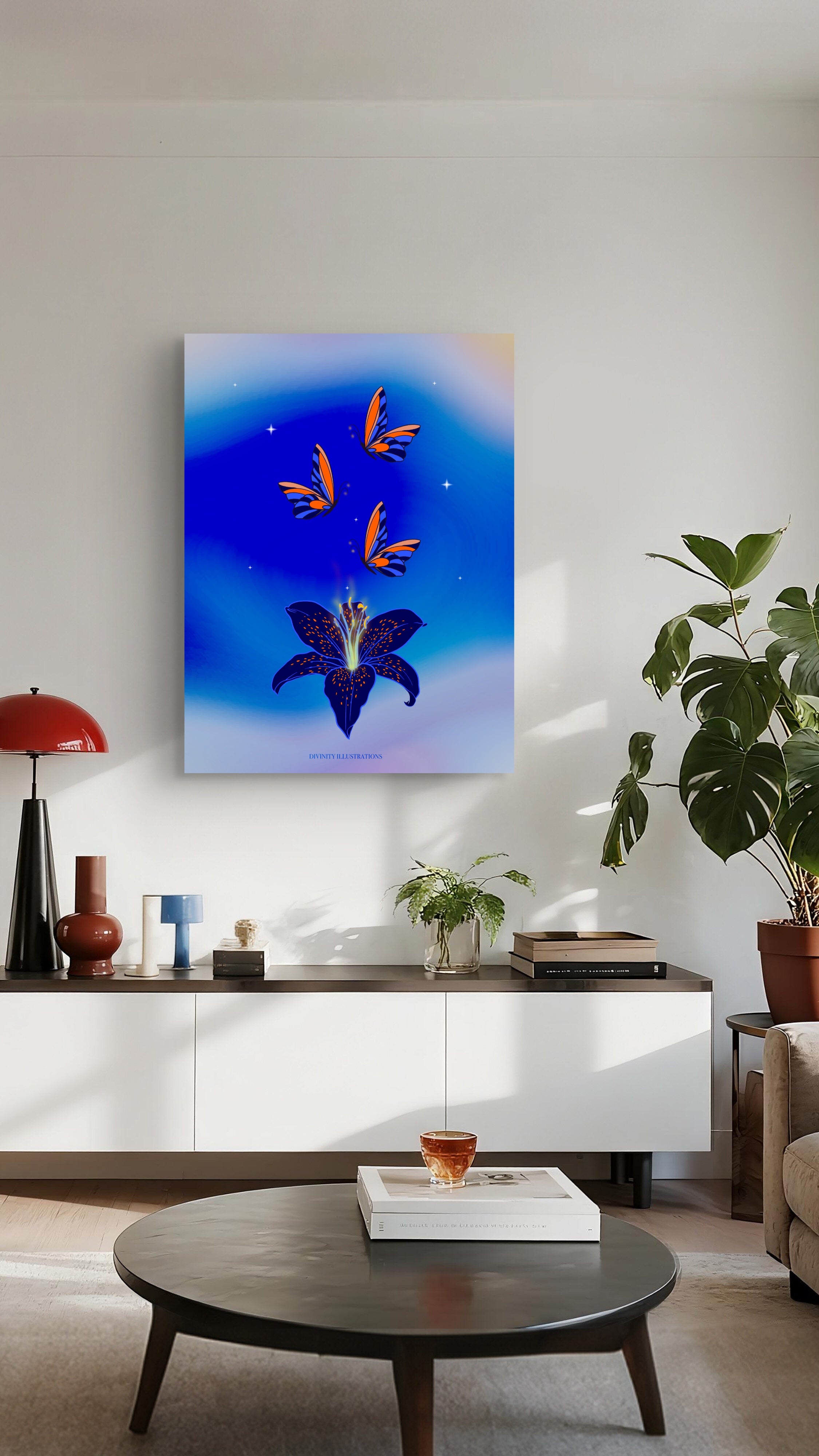 butterfly flower art print displayed on the wall in a living room