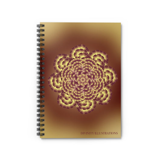 Notebook with a mandala design on a gradient cover, featuring the brand 'Divinity Illustrations'.