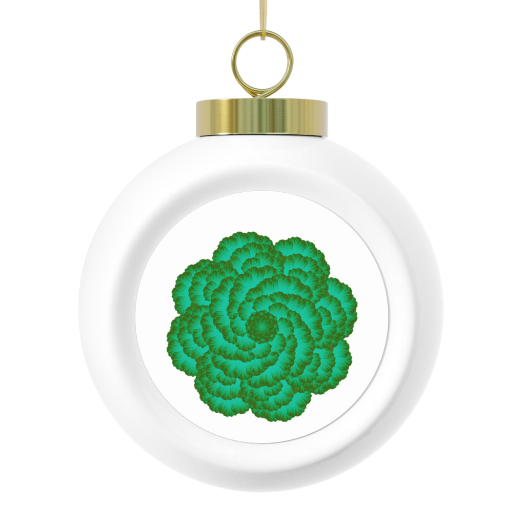 Round white ornament with a green floral pattern and gold accent on a white background