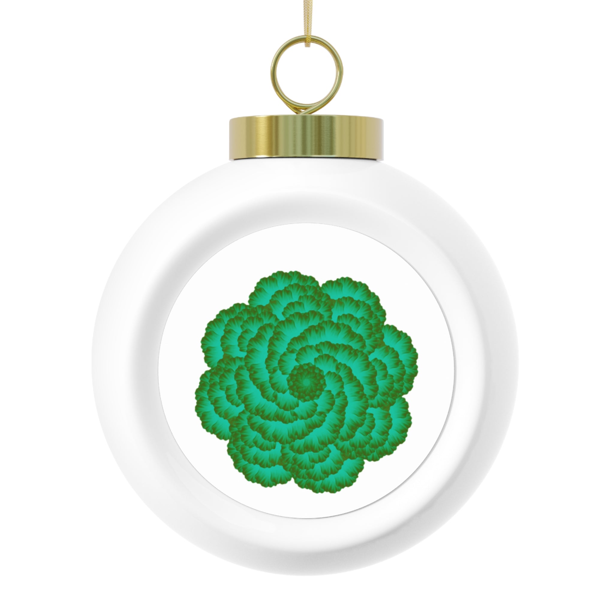 Round white ornament with a green floral pattern and gold accent on a white background