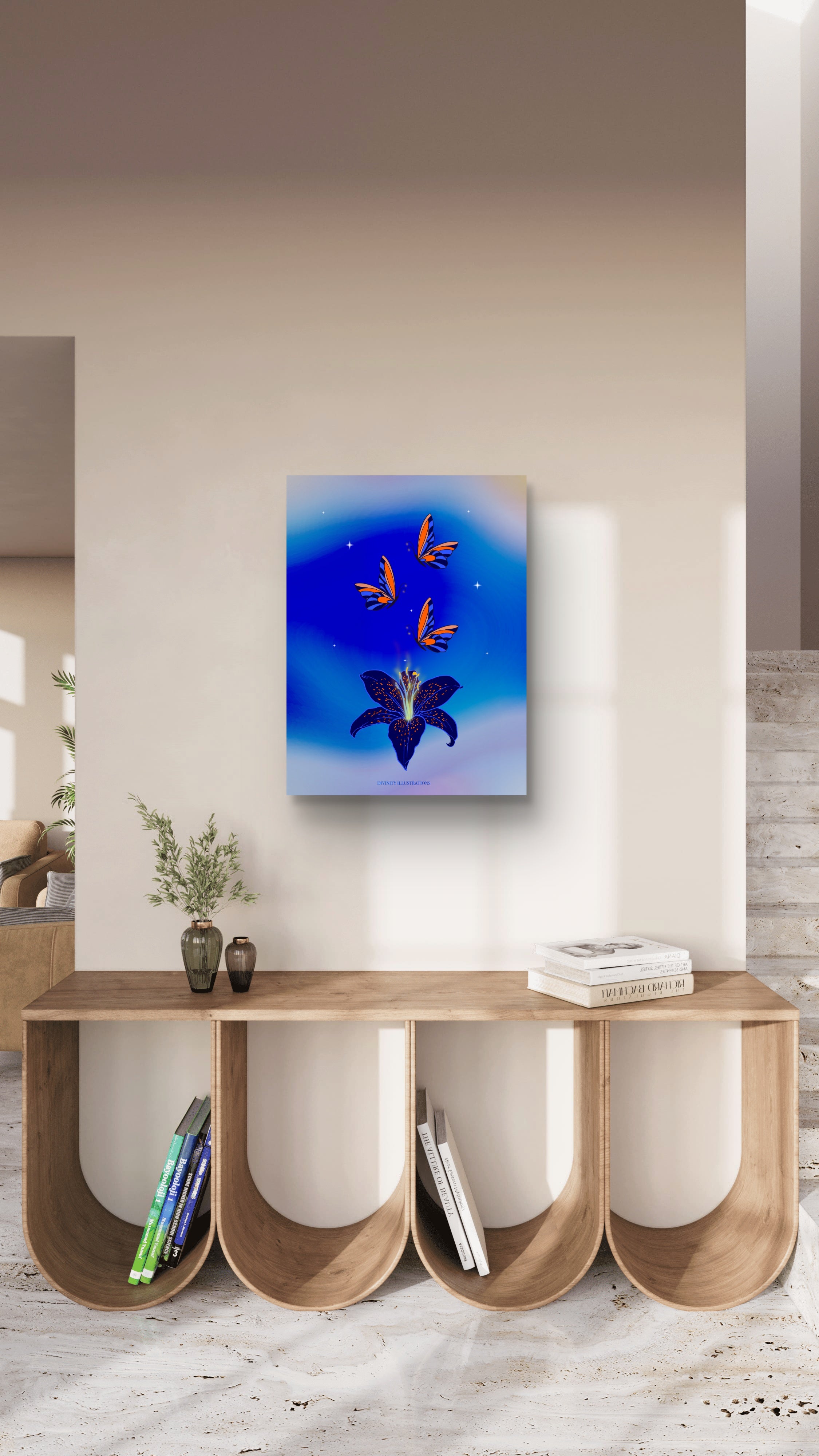 Modern interior with a wooden console table and abstract painting on the wall.