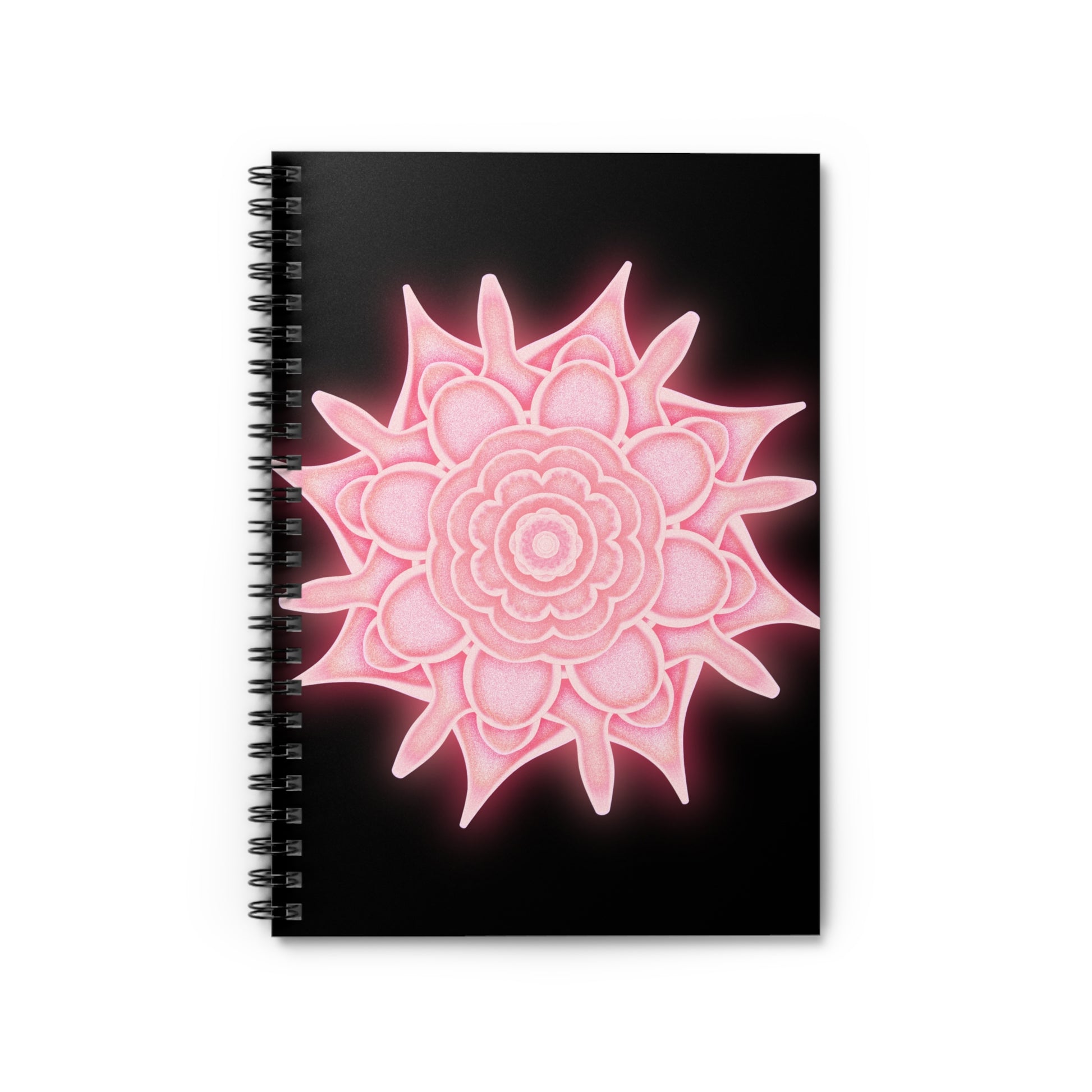 Shadow Bloom pink mandala notebook on black background – symbol of resilience and mindful writing.