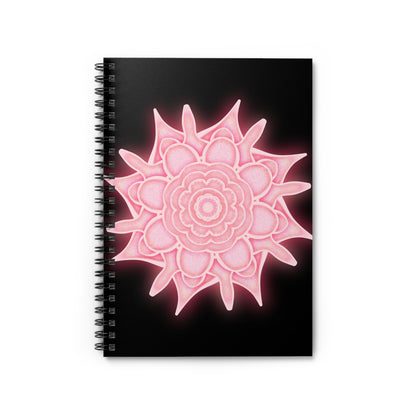 Shadow Bloom pink mandala notebook on black background – symbol of resilience and mindful writing.