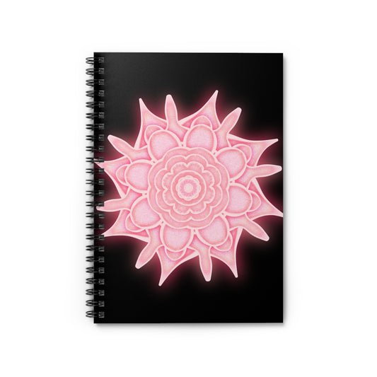 Shadow Bloom pink mandala notebook on black background – symbol of resilience and mindful writing.