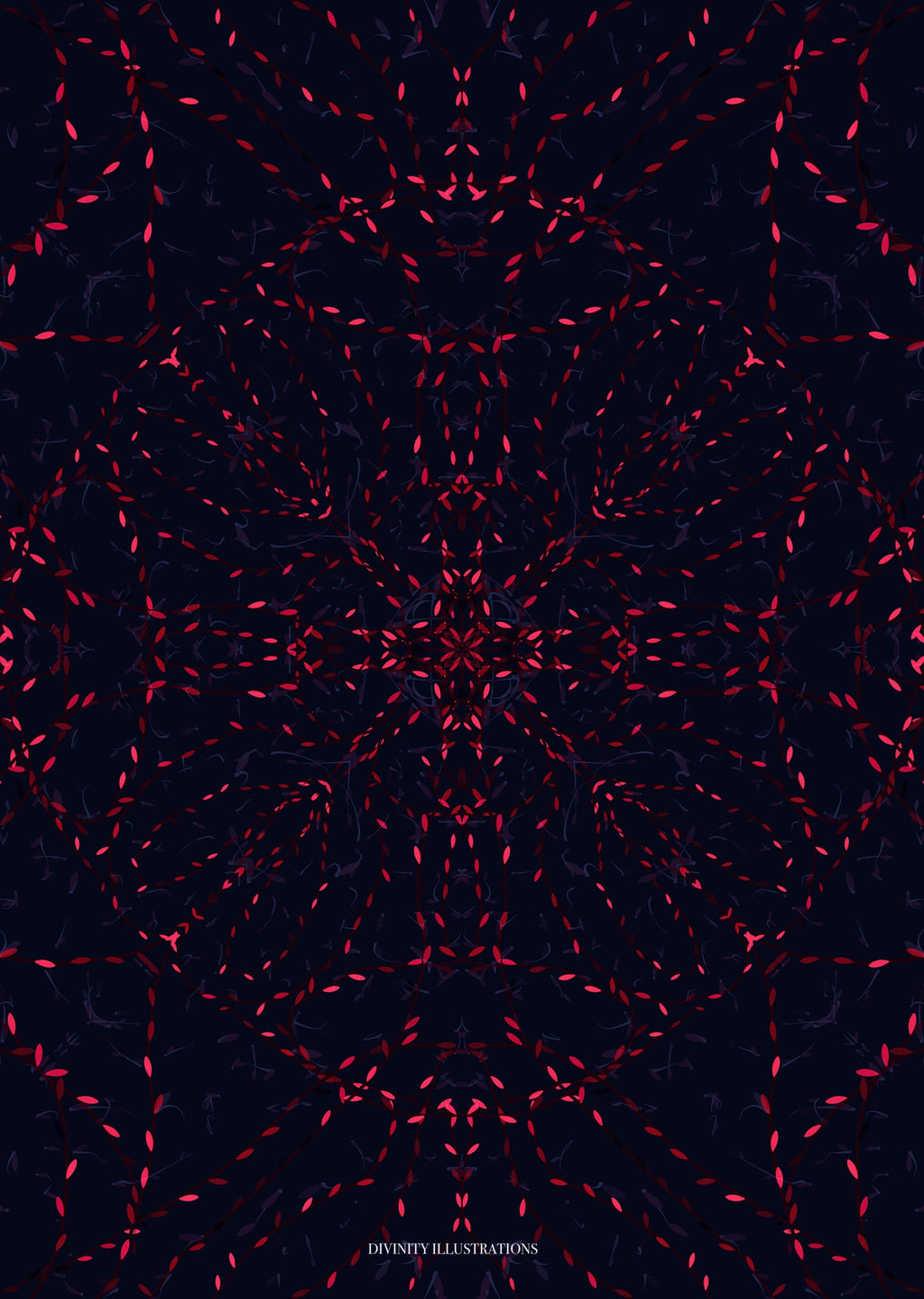 Red geometric pattern on a black background with 'Divinity Illustrations' branding.