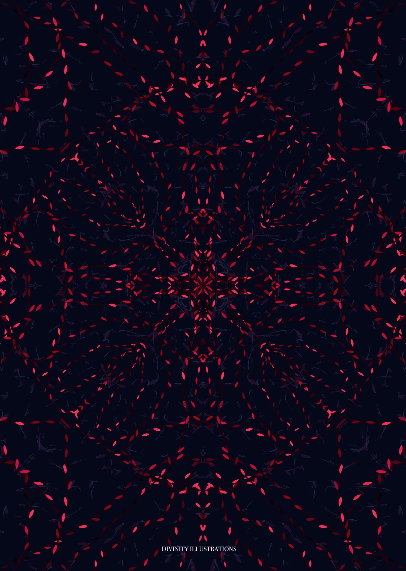 Red geometric pattern on a black background with 'Divinity Illustrations' branding.