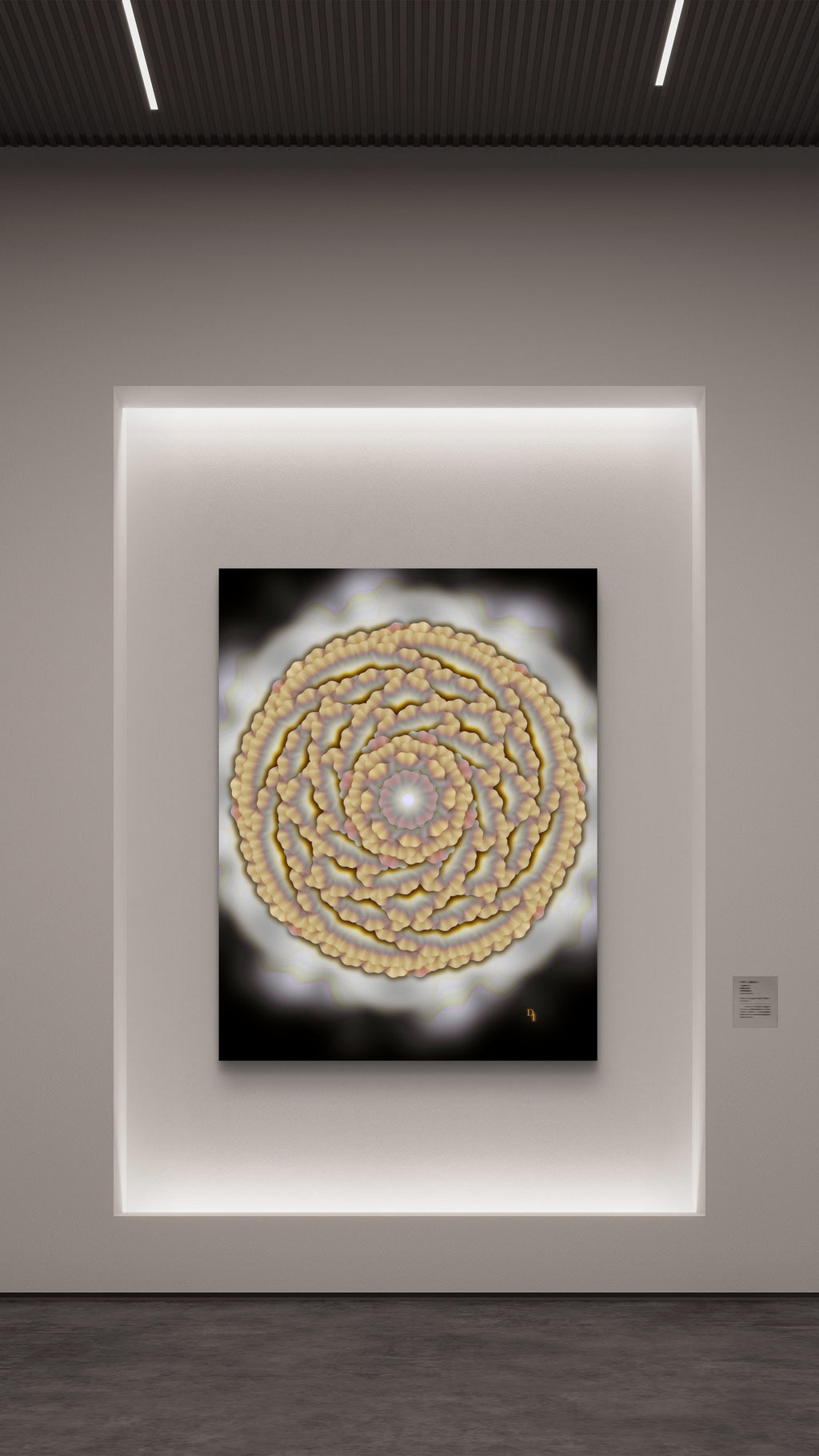 rooted in power floral art print displayed in a museum gallery setting, a luminous white light around the artwork making it stand out on the wall