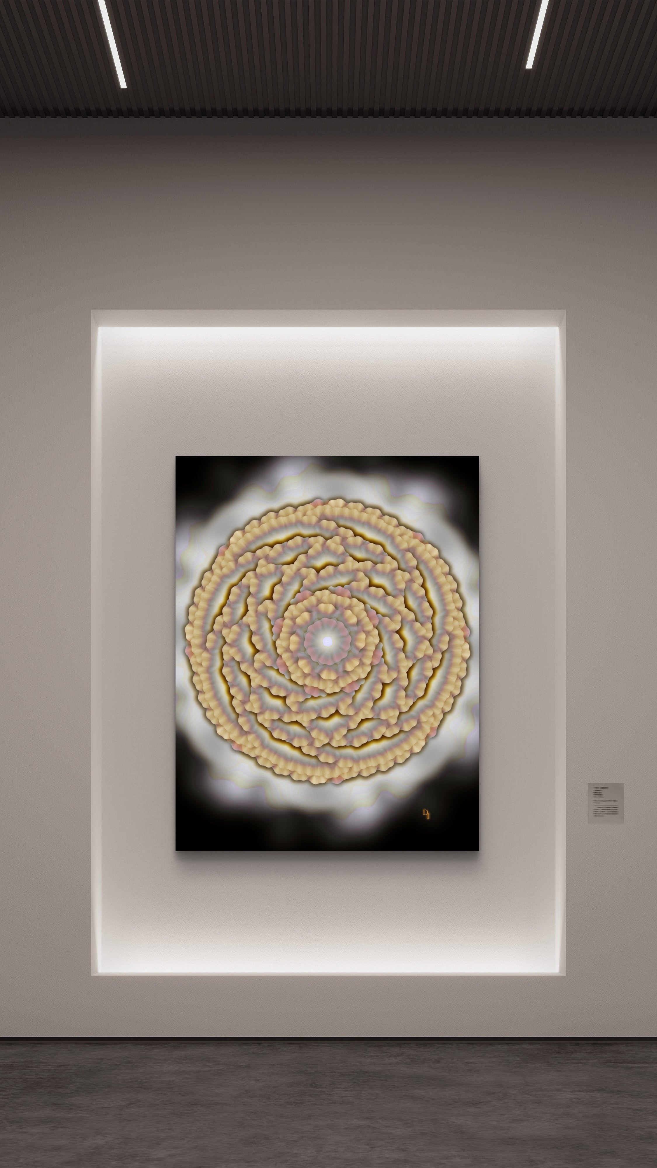 rooted in power floral art print displayed in a museum gallery setting, a luminous white light around the artwork making it stand out on the wall