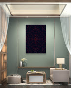 Modern living room with a dark abstract painting on a green wall.