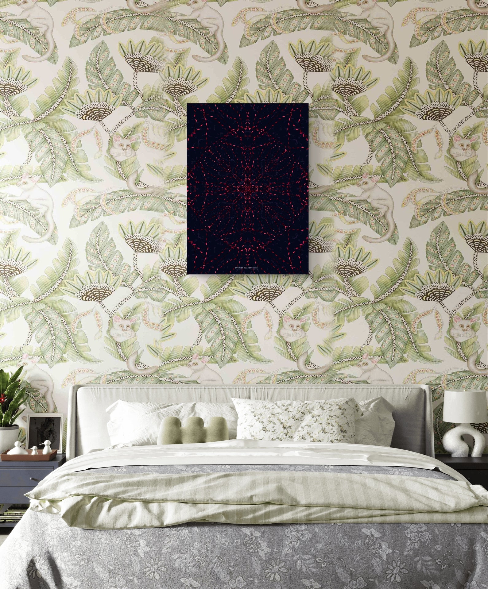 Bedroom with floral wallpaper and a framed picture on the wall.