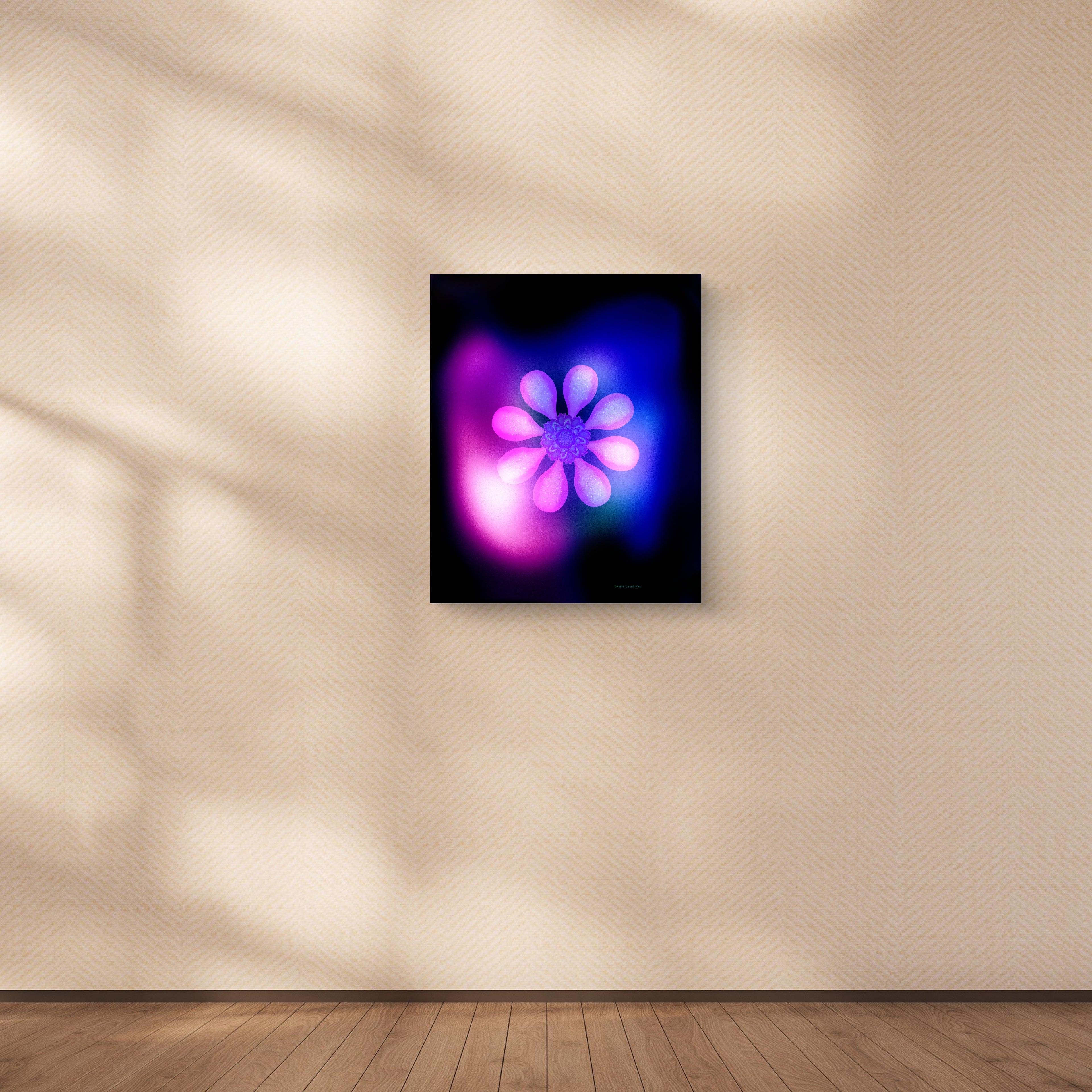 Framed artwork of a colorful flower design on a beige wall.