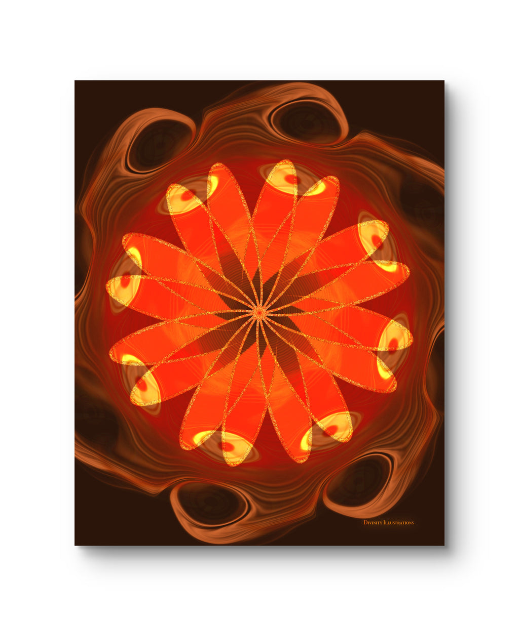 Abstract orange and red floral design on a brown background