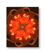 Abstract orange and red floral design on a brown background