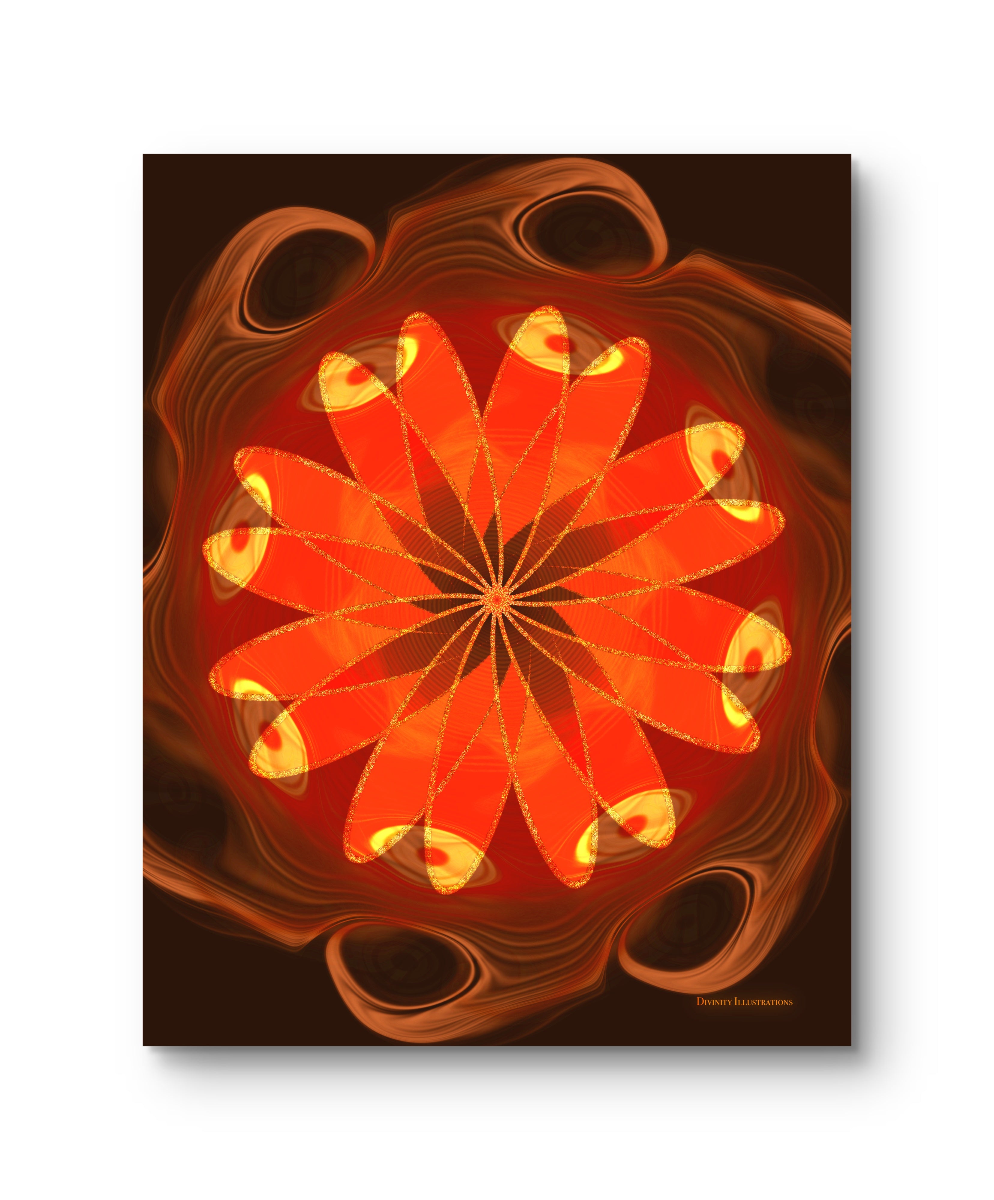 Abstract orange and red floral design on a brown background