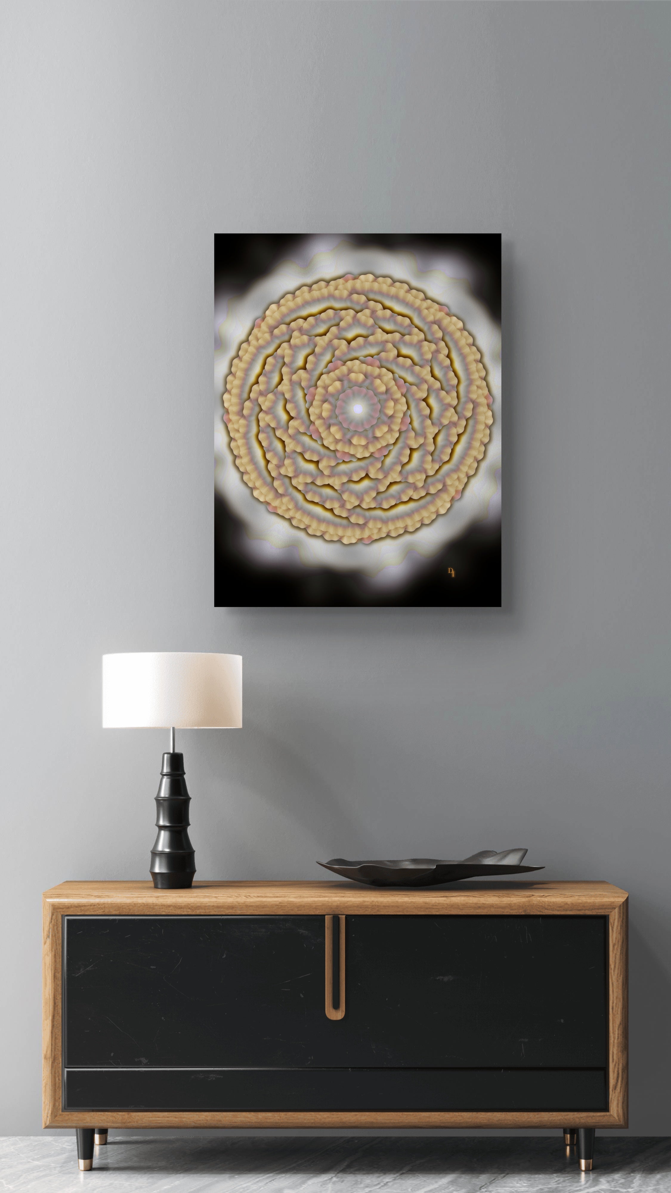 rooted in power floral art print displayed above a black and gold front desk with a black and white lamp  mockup setting