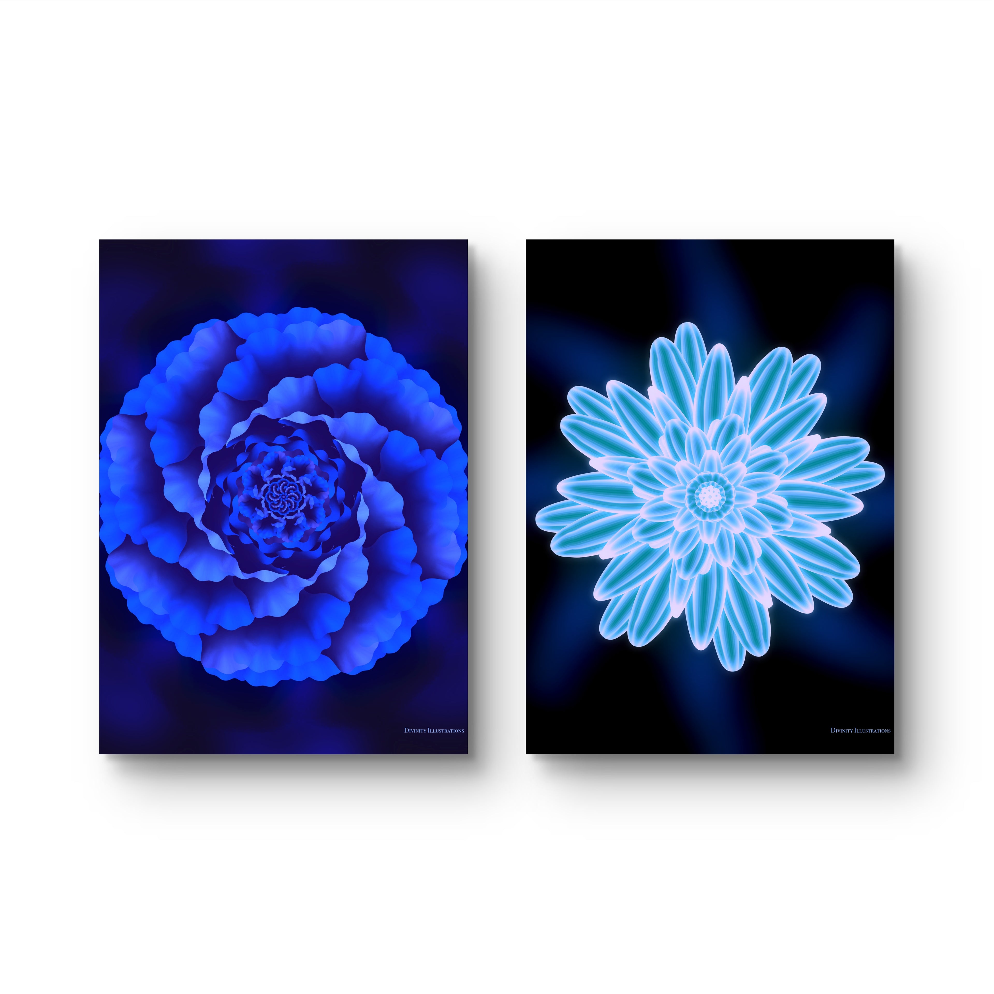 Two abstract blue floral designs wall art set  on black backgrounds