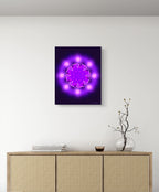 Purple abstract wall art on a white wall above a wooden cabinet.