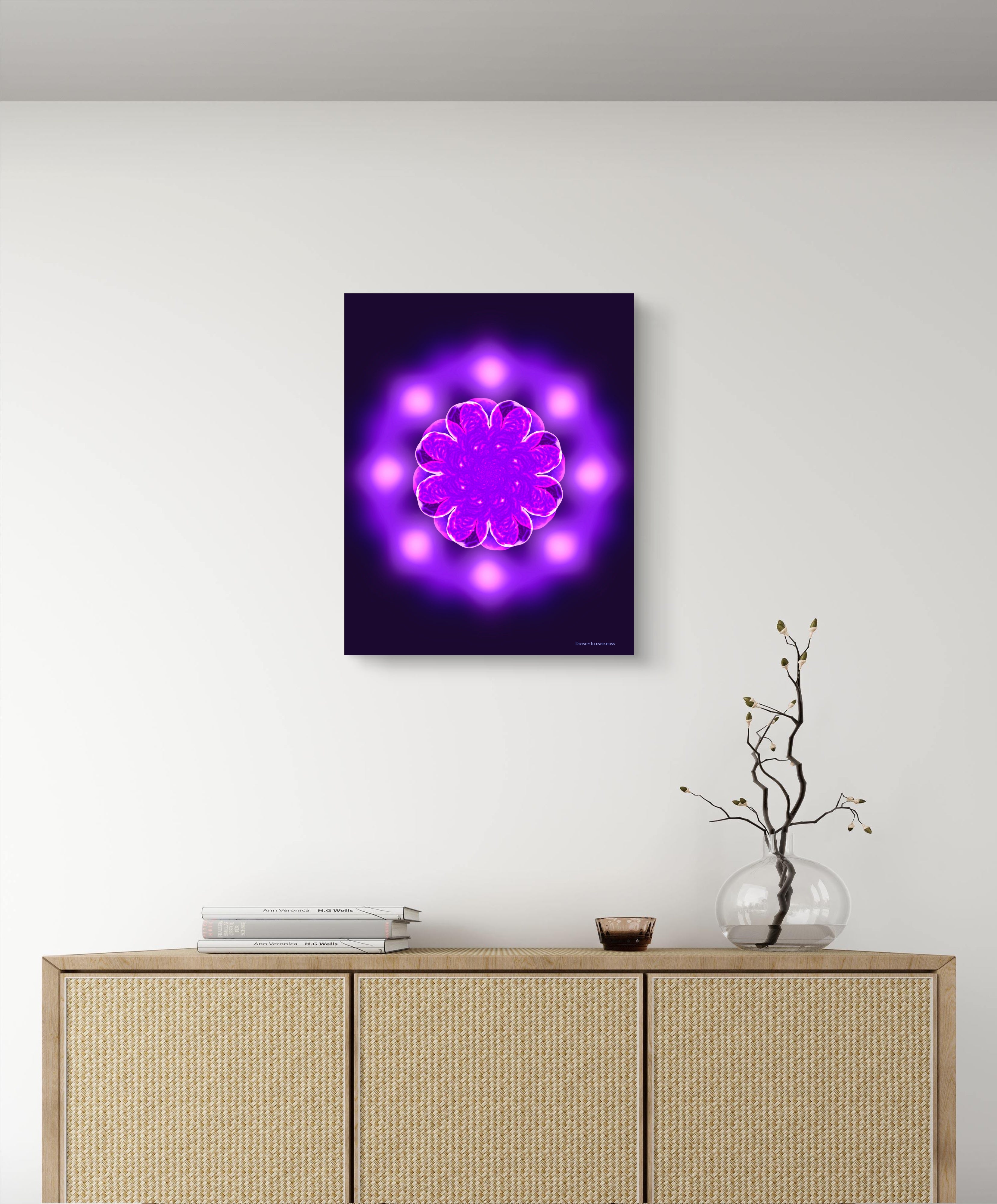 Purple abstract wall art on a white wall above a wooden cabinet.
