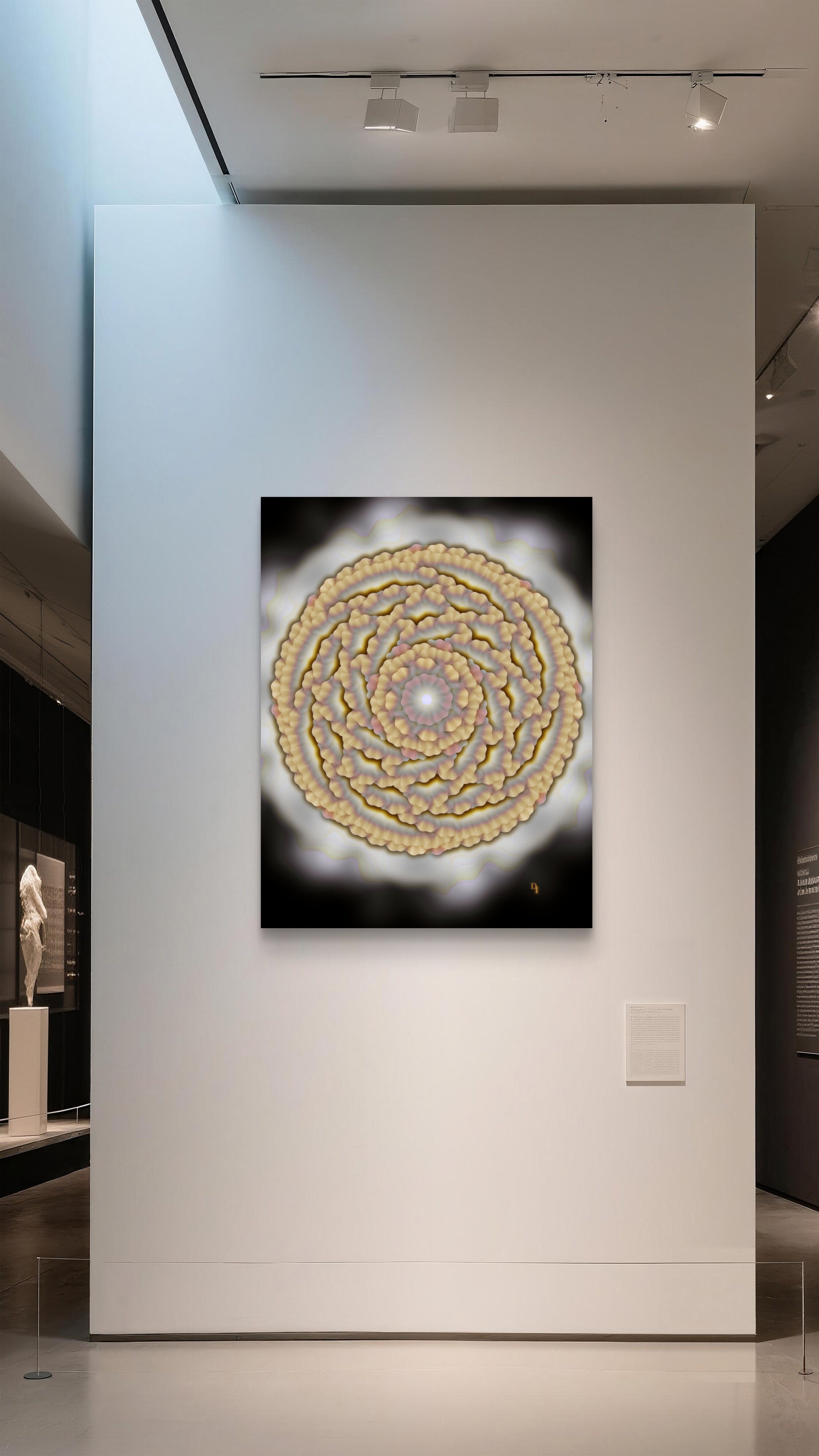 floral art print displayed on a white wall in a gallery setting mockup