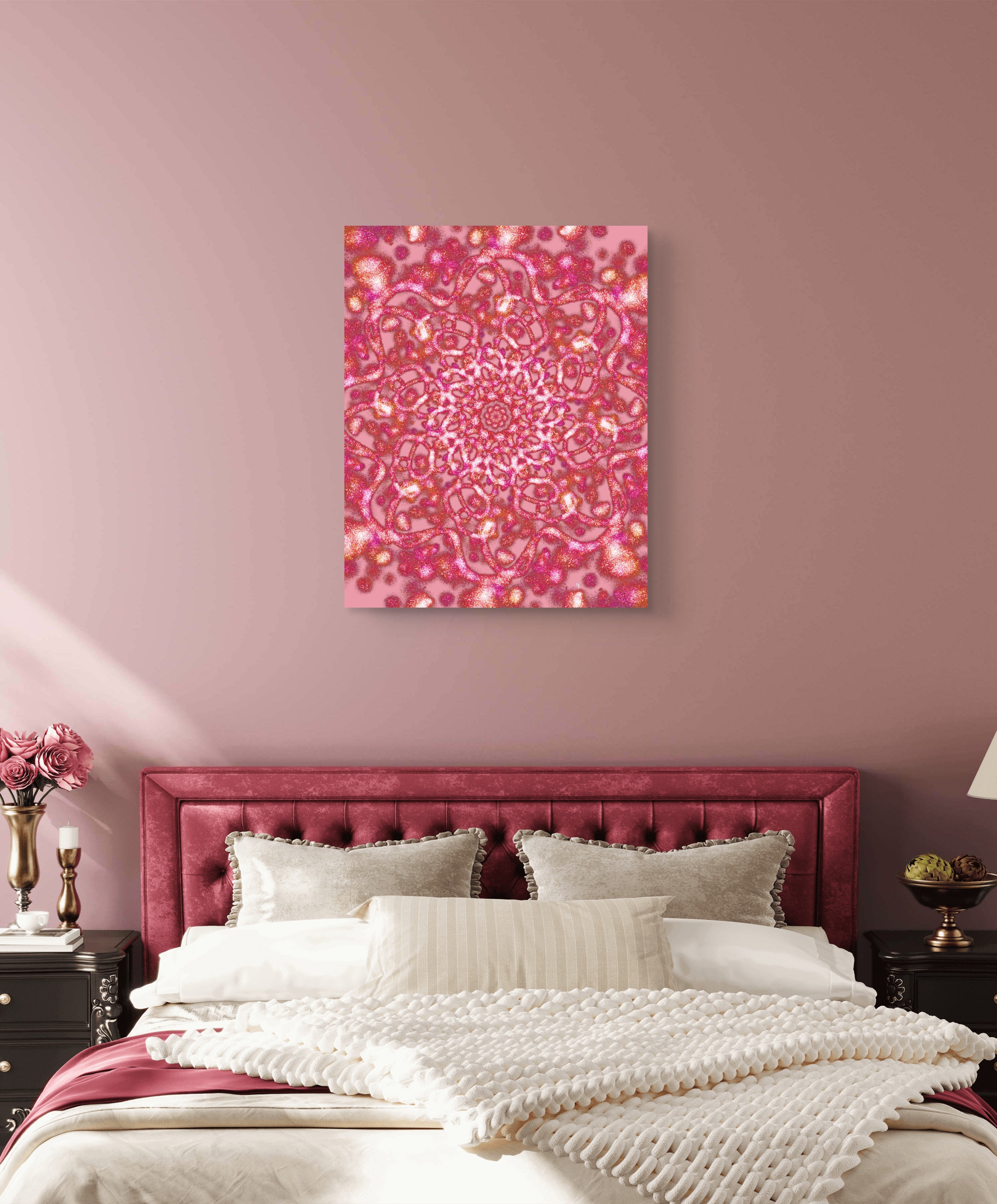Pink abstract painting on a wall above a bed with pink headboard