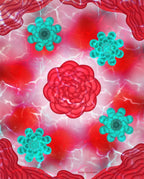 red and teal floral art print with a water texture above 