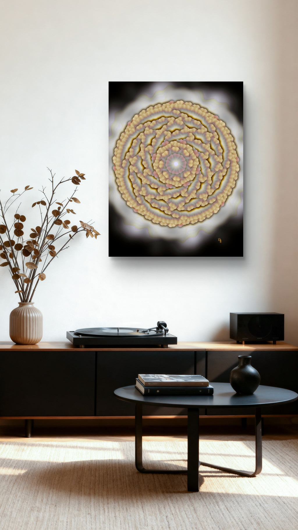 rooted in power floral art print displayed on the wall in a luxury living room setting
