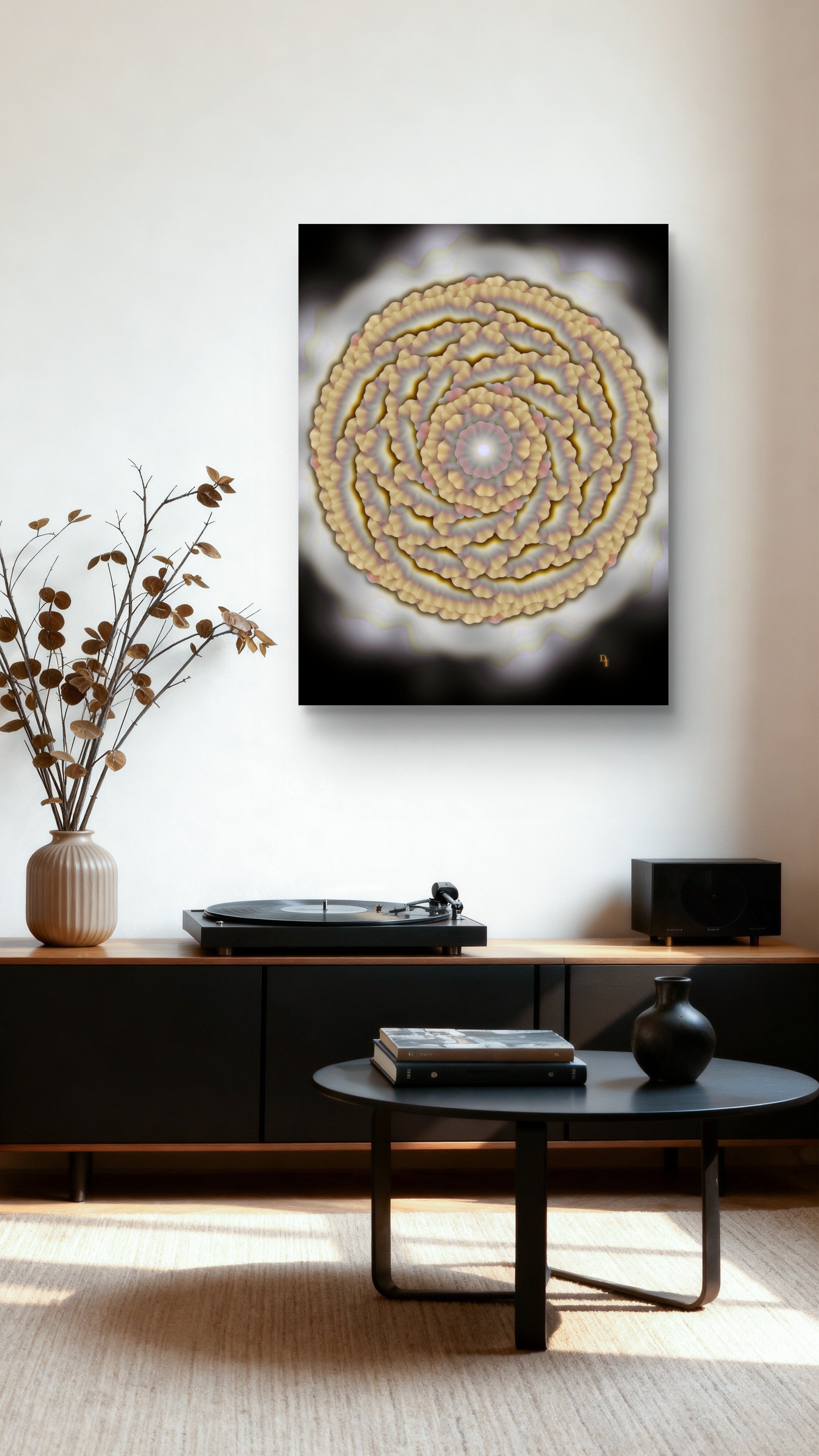rooted in power floral art print displayed on the wall in a luxury living room setting