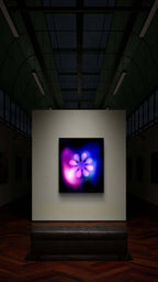 Futuristic flower design on a wall in a dark hallway