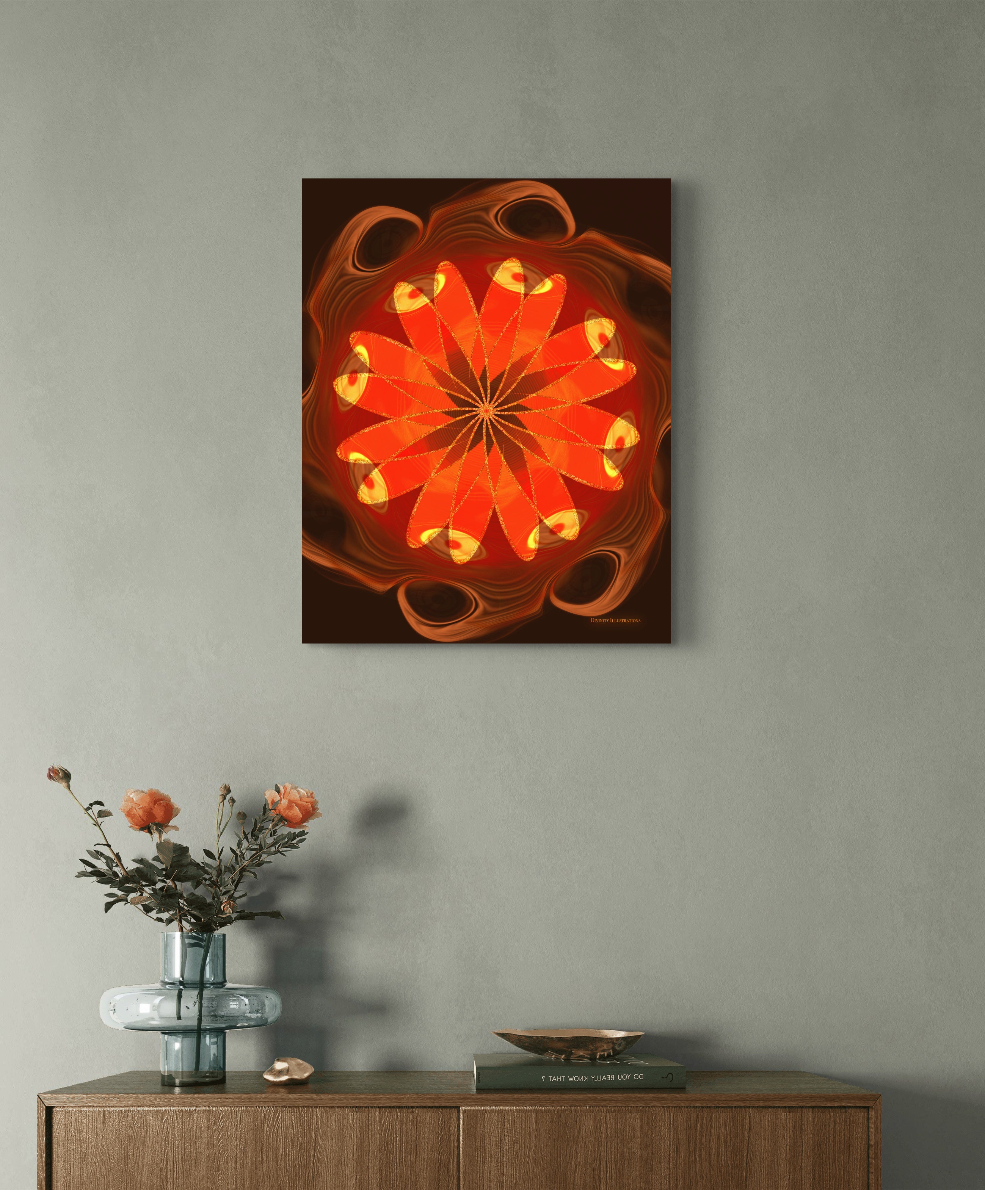 Abstract orange and red mandala art on a gray wall above a wooden cabinet with decorative items.