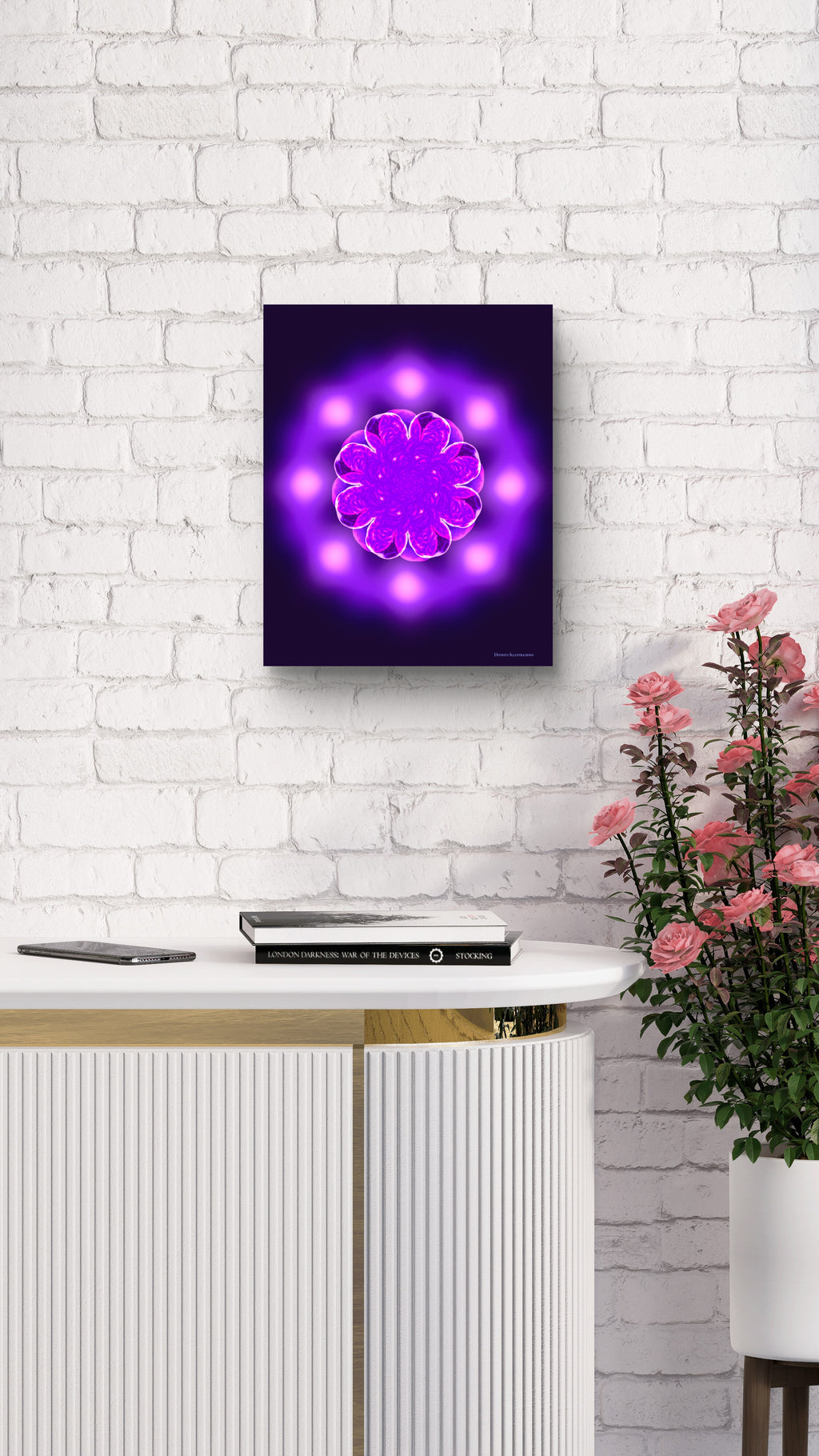 Futuristic wall art with glowing purple circle on a white brick wall.