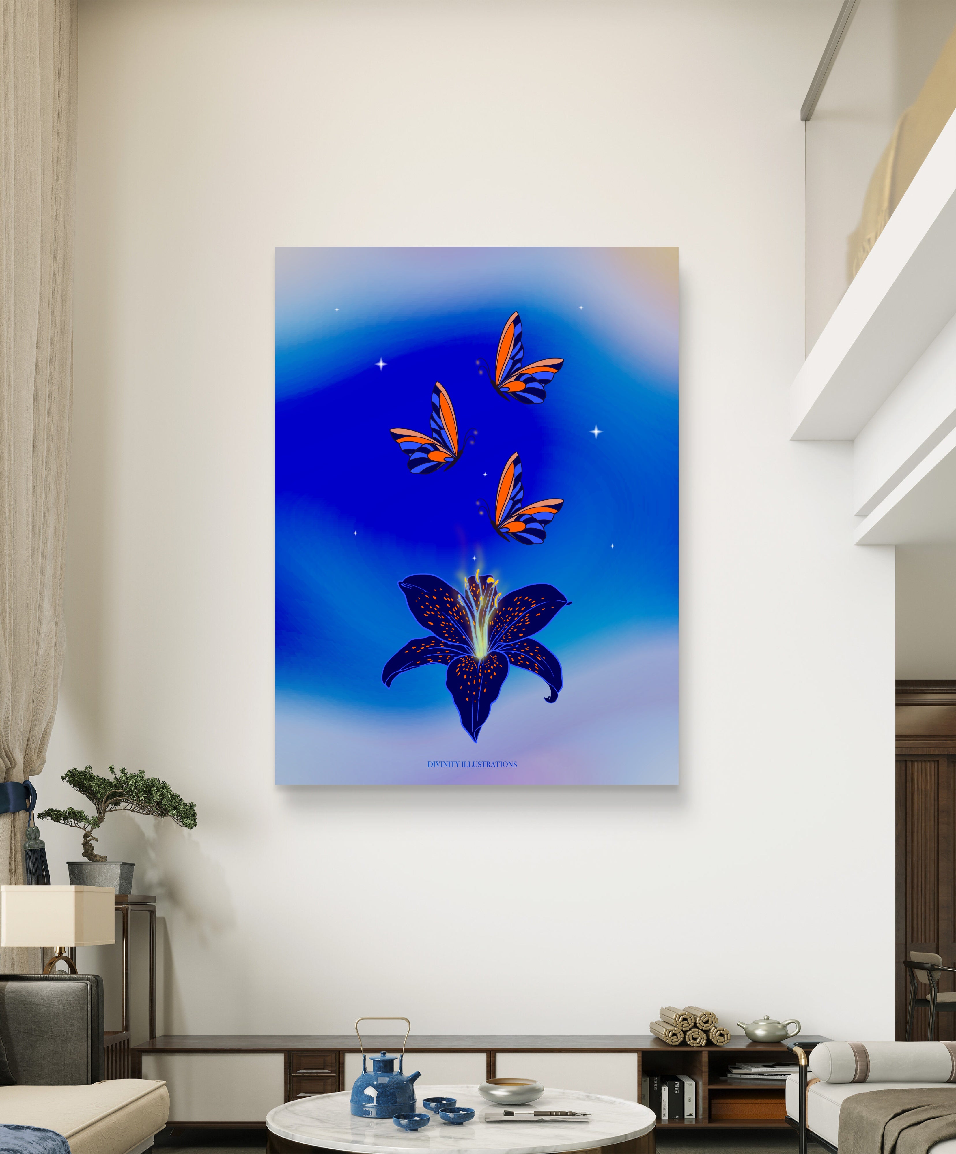 Decorative painting of butterflies and flowers on a wall in a living room.