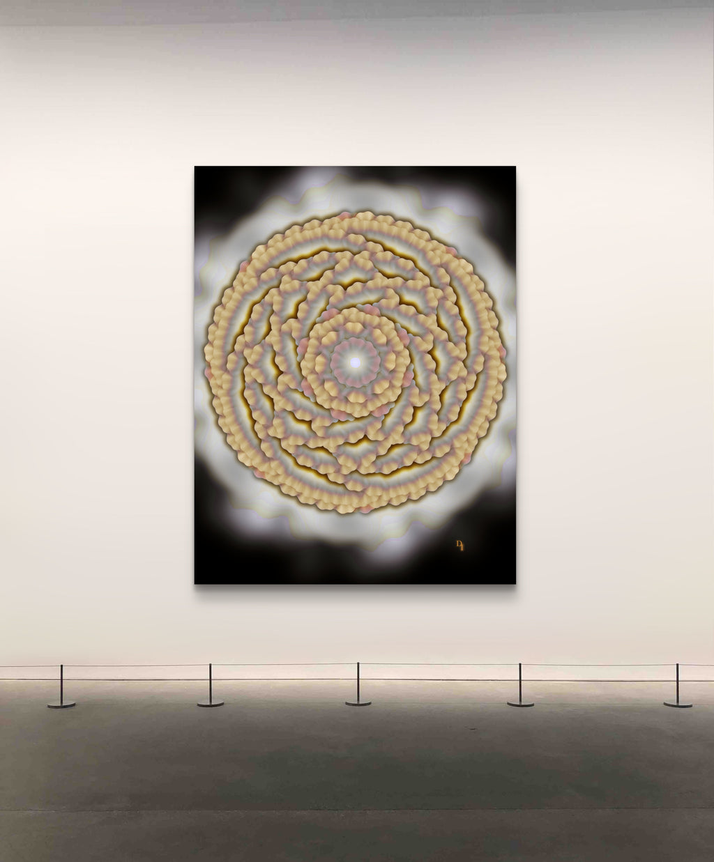 rooted in power floral art print displayed on a white wall in a museum gallery mockup setting