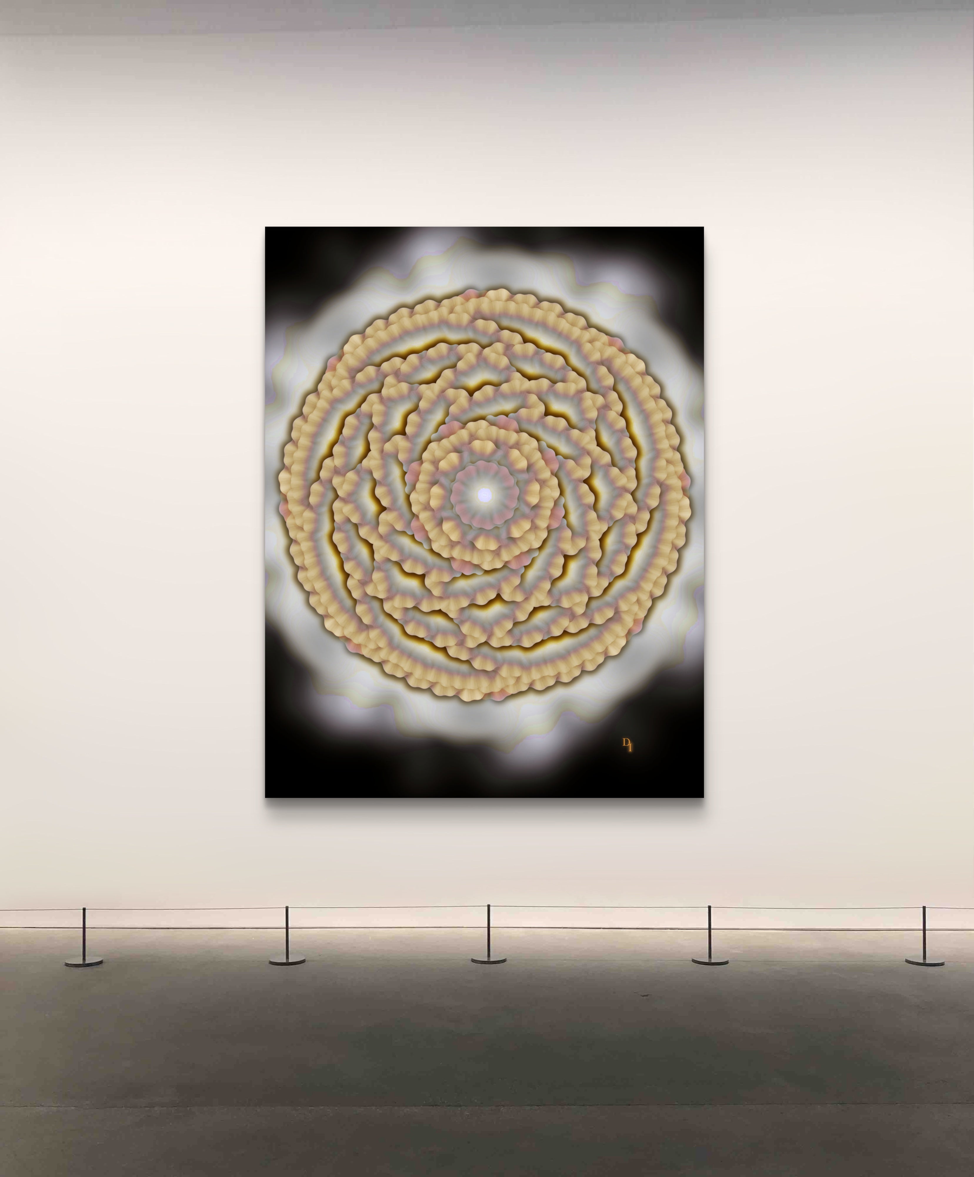 rooted in power floral art print displayed on a white wall in a museum gallery mockup setting