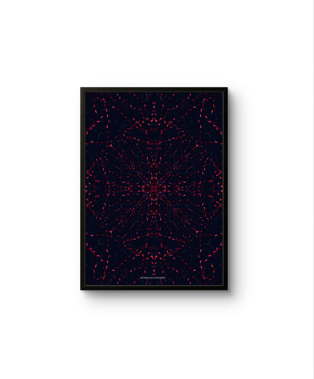Framed abstract art print with red and black pattern on a white background