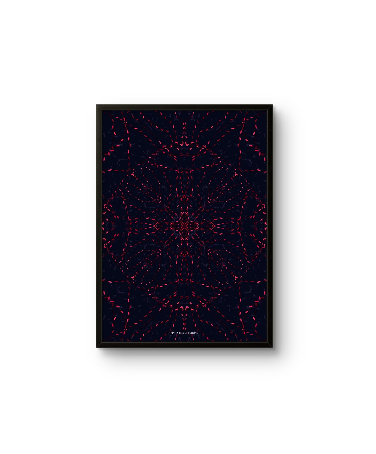 Framed abstract art print with red and black pattern on a white background