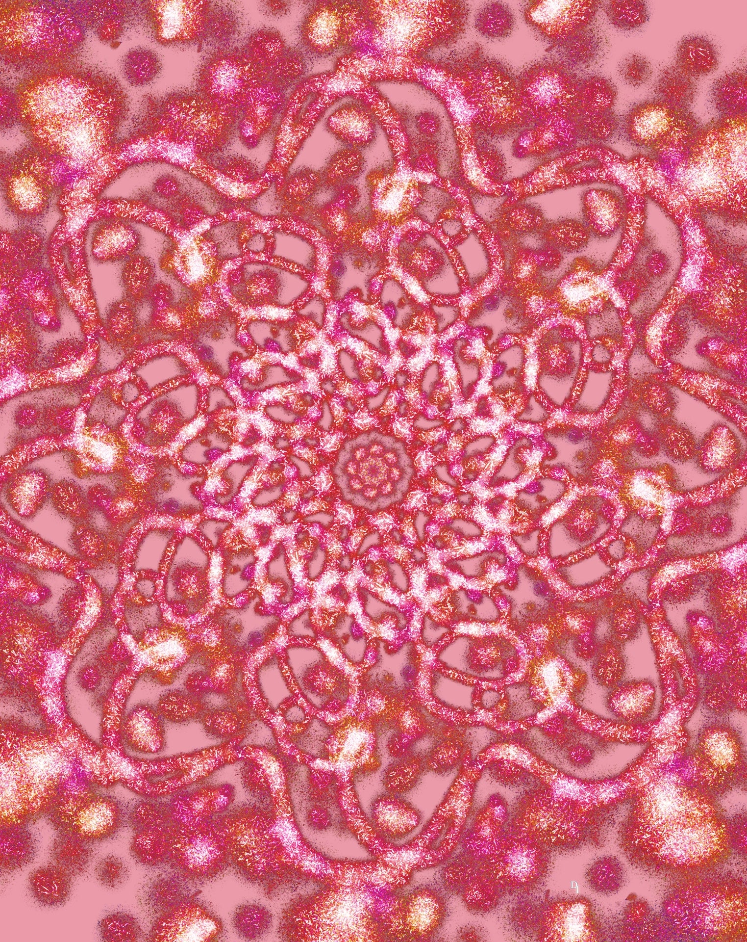Pink glittery pattern with a central floral design on a pink background