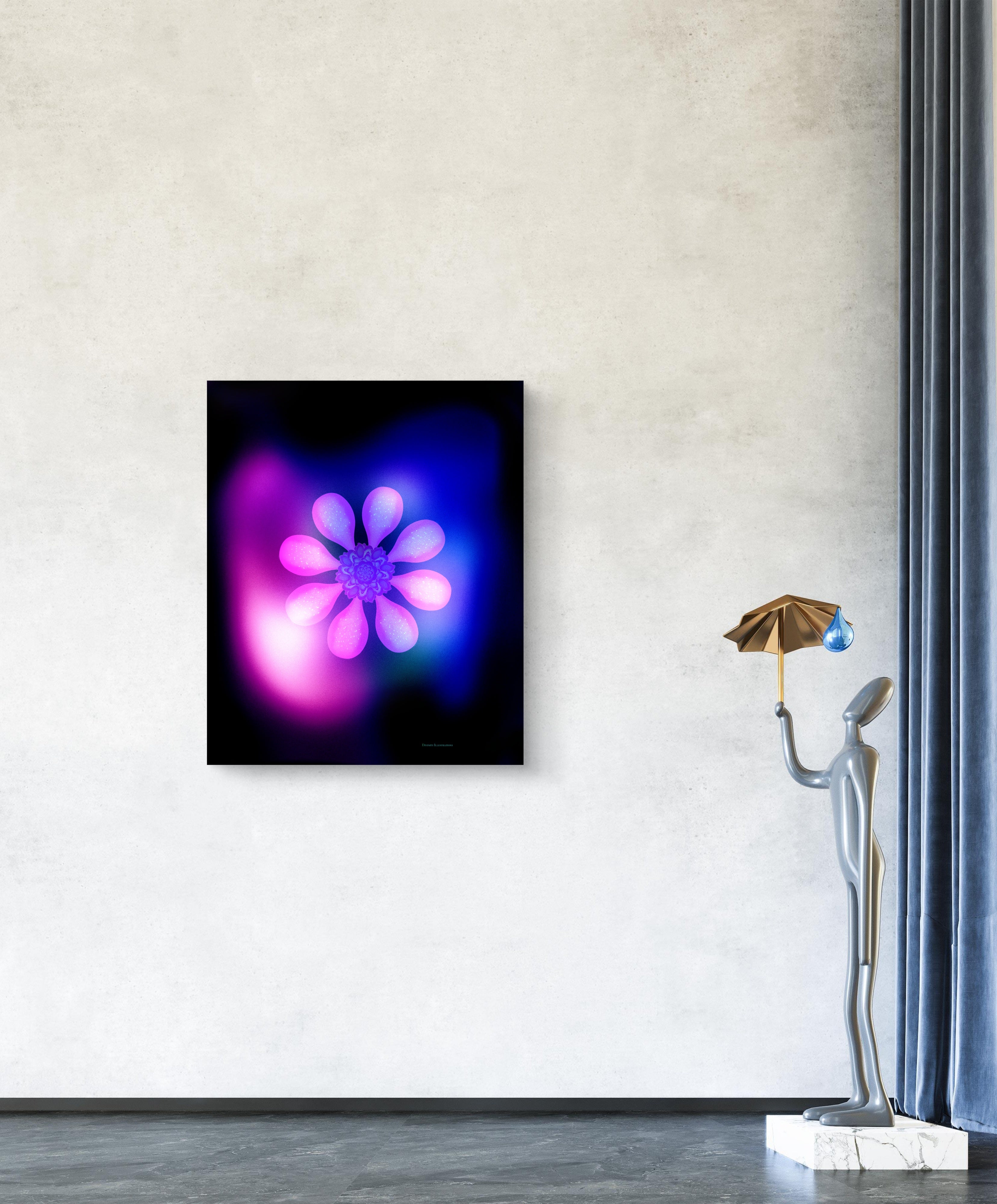 Framed abstract artwork of a flower with pink and purple hues on a white wall.