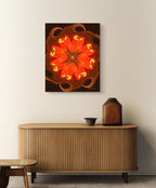 Decorative wall art with a red floral design above a wooden cabinet.