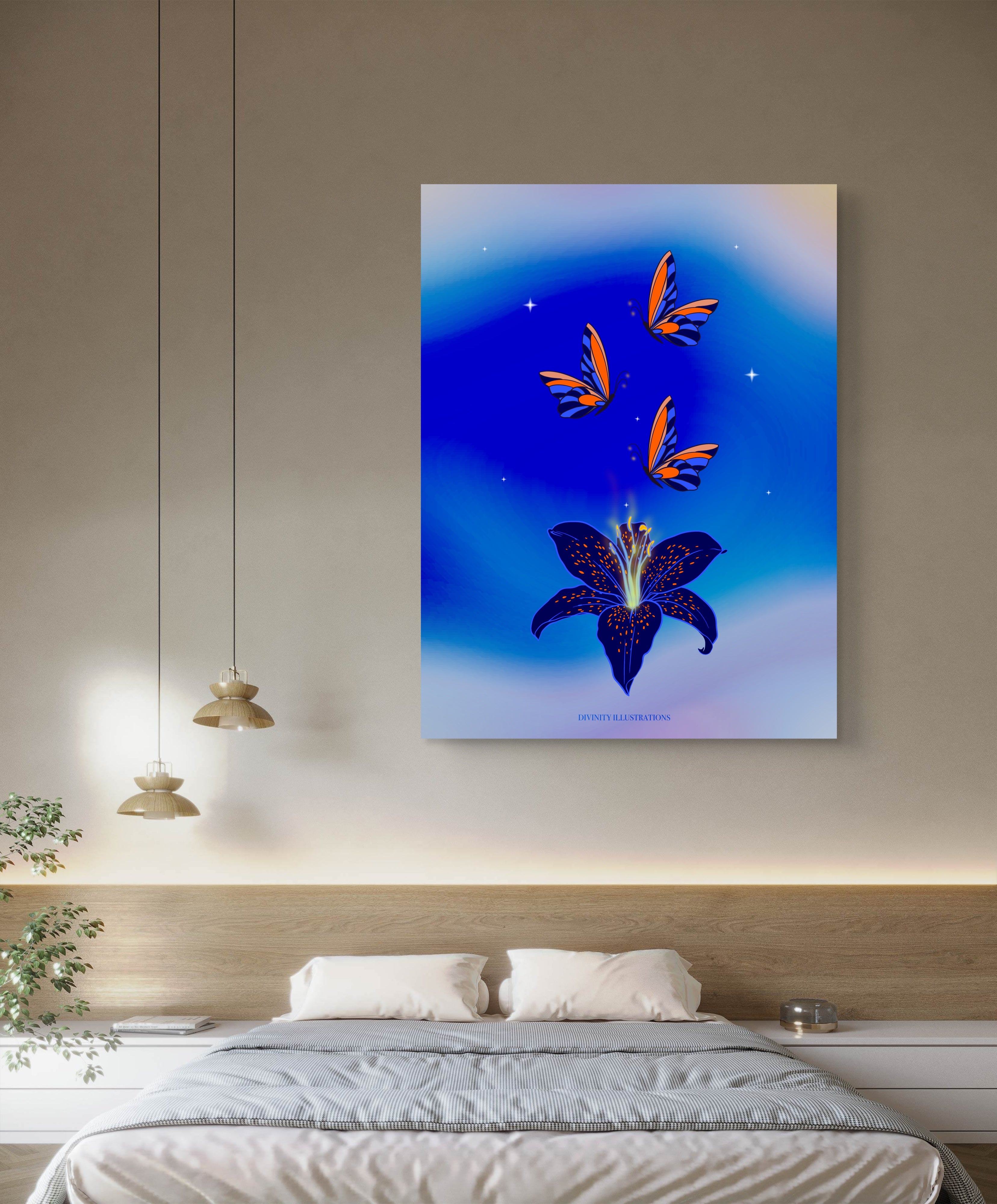 mockup of a butterfly and flower fine art print displayed on the wall above a bed 