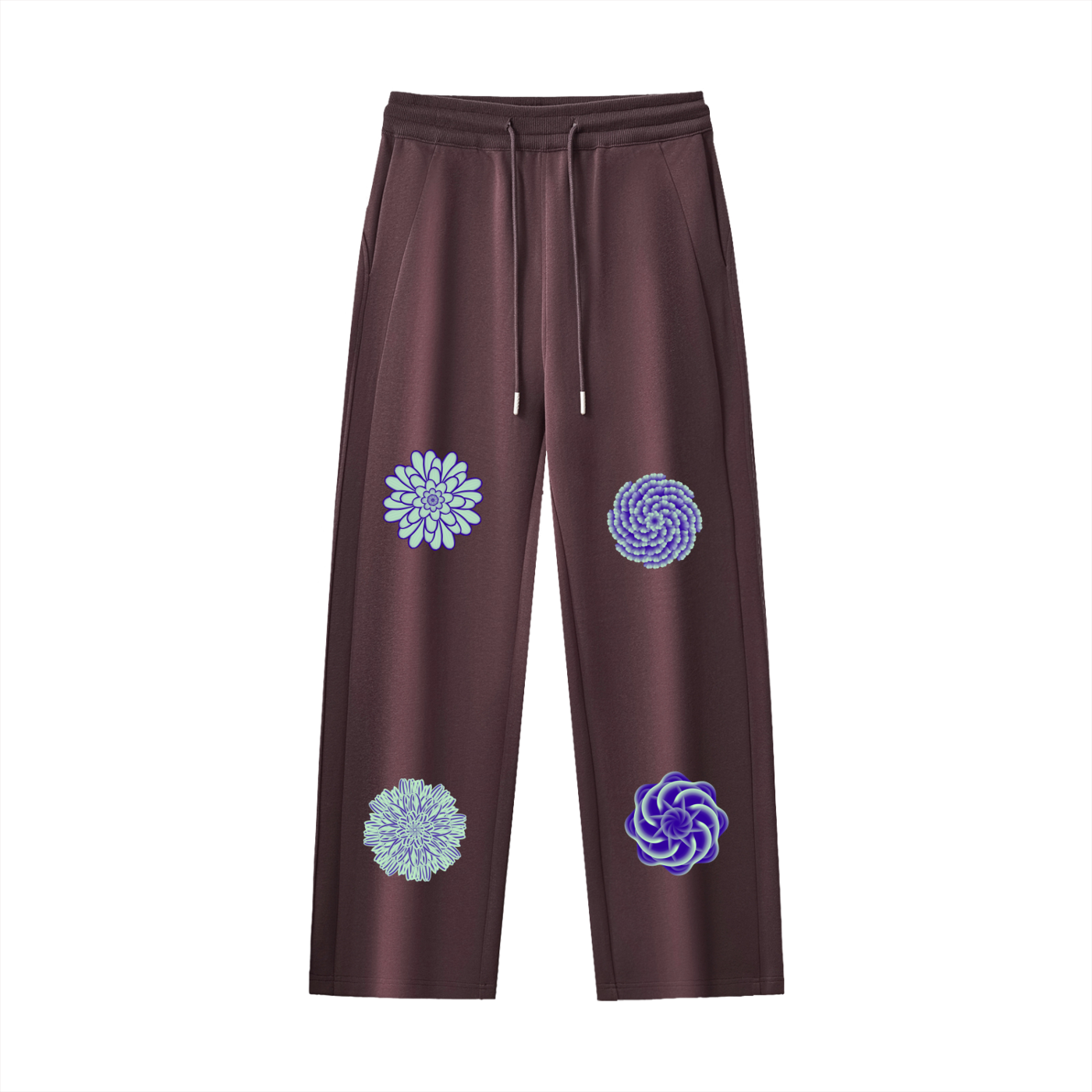 Brown sweatpants with blue and green floral patterns on a white background