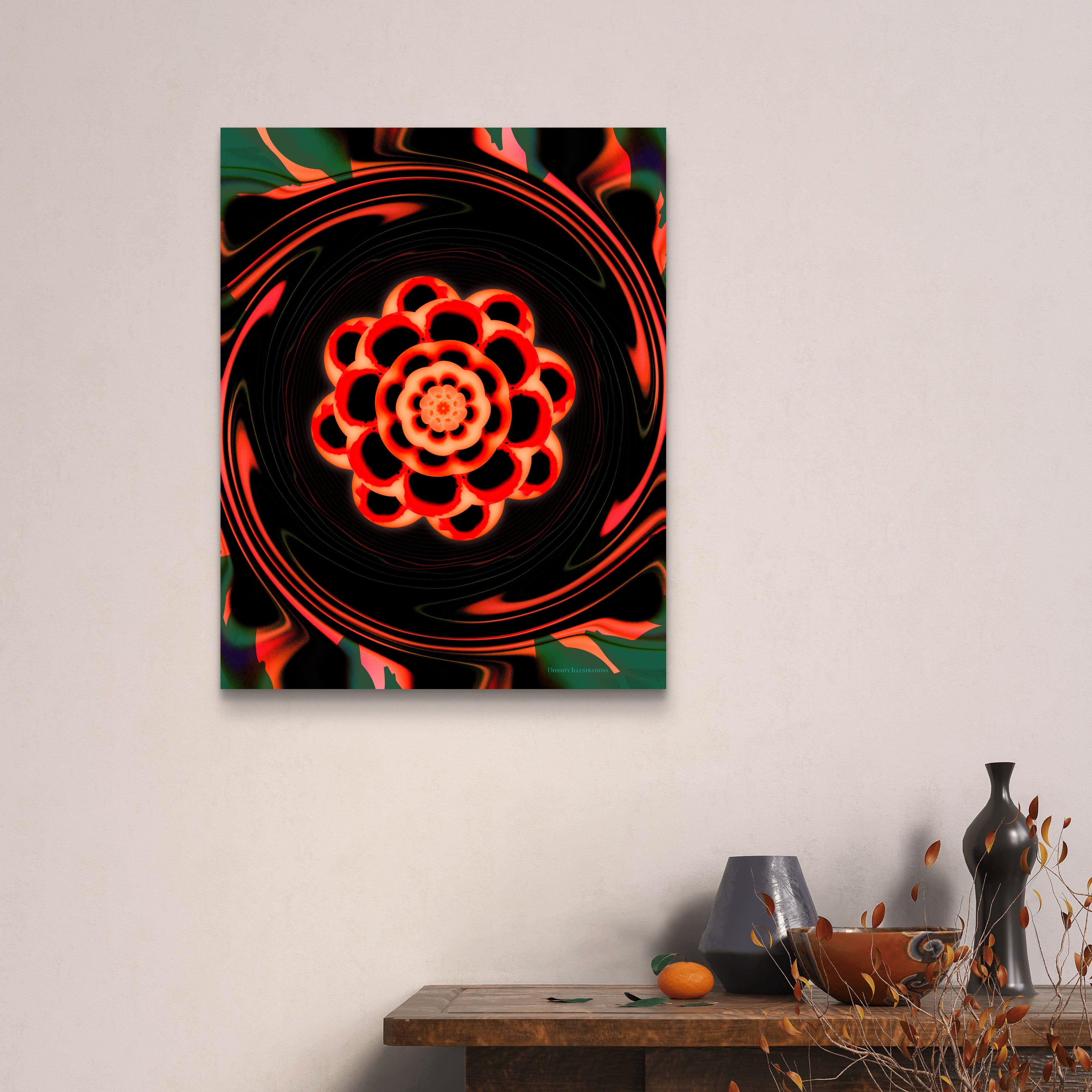 Abstract artwork with a red flower-like design on a black background, displayed on a wall above a wooden table.