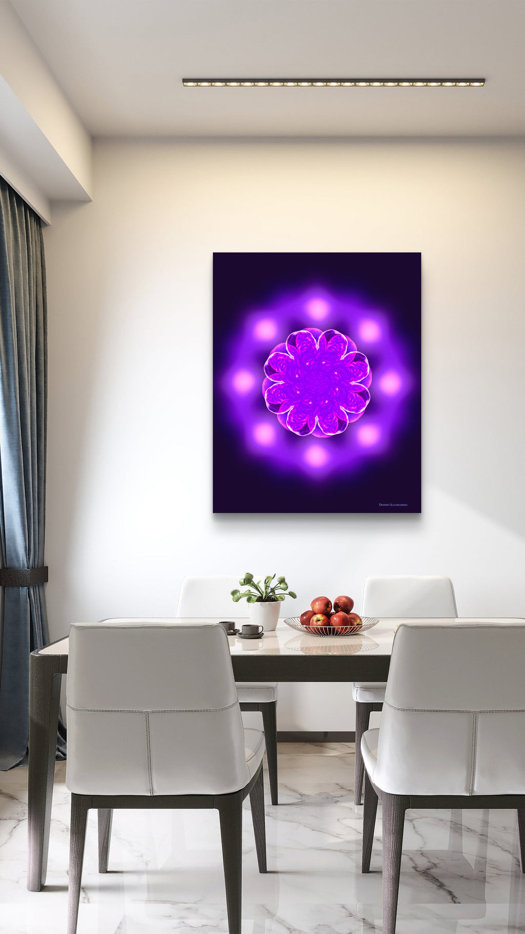 Dining room with a modern abstract art piece on the wall