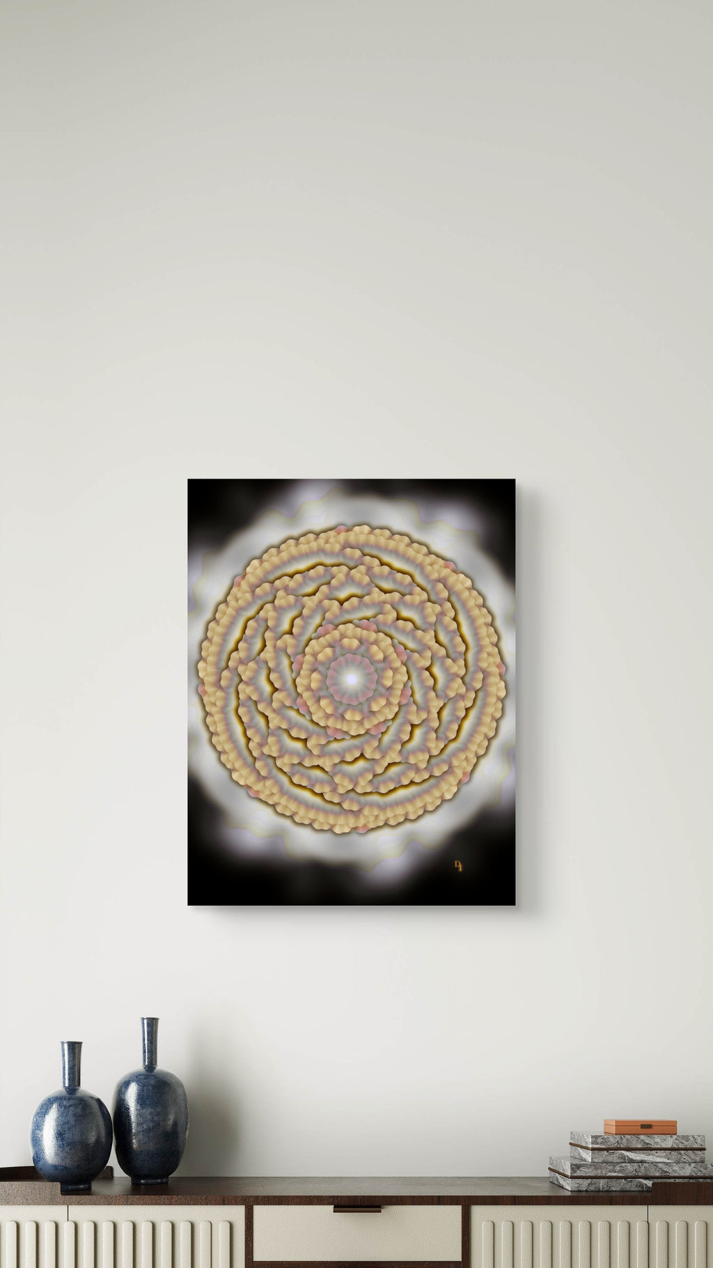 rooted in power floral art print displayed on the wall above a small cabinet